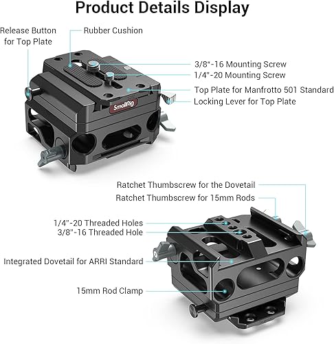 Miniatura 2 de SmallRig Sistema elevador de placa base ligero con doble abrazadera de varilla de 0.591 in, versión de aleación de magnesio de placa base, con placa