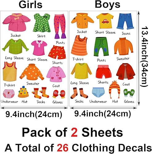 Vista 2 de Maydahui 26 calcomanías de ropa para niñas y niños, calcomanías de clasificación de ropa extraíbles para armario, cajón, organización del hogar