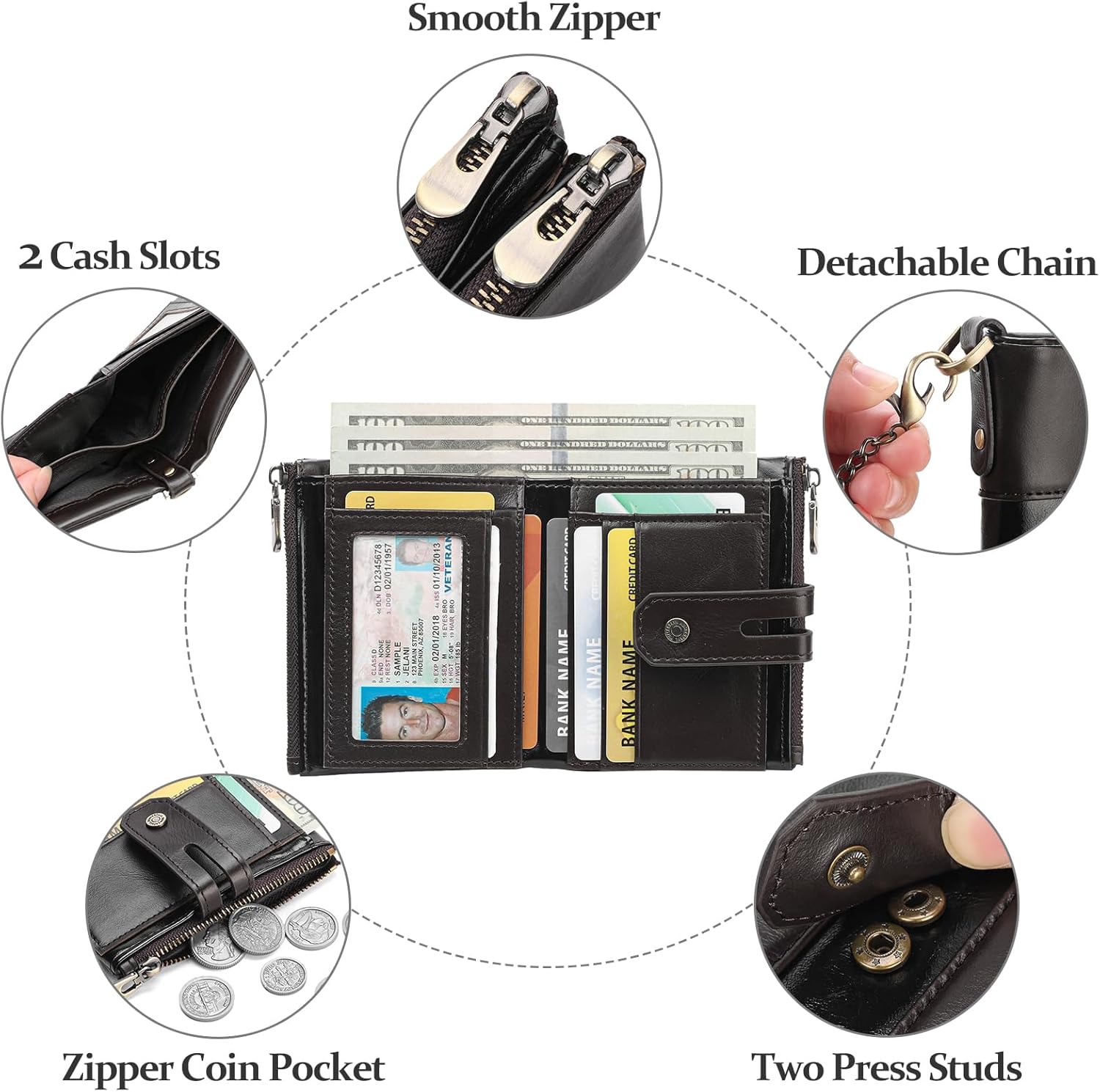 GAEKEAO Chain Wallets for Men - Bifold RFID Blocking Mens Wallet with Chain, High Security Leather Wallets with Coin Pocket - Image 6