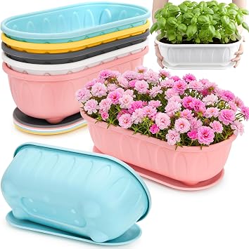 5 Pack Plant Pots with Drainage and Saucers, 12" Plastic Flower Pot for Indoor Outdoor Plants, Oval Window Herb Planter Box, Plant Nursery Pot for Kitchen Sill Mint Succulents Cactus, 5 Colors