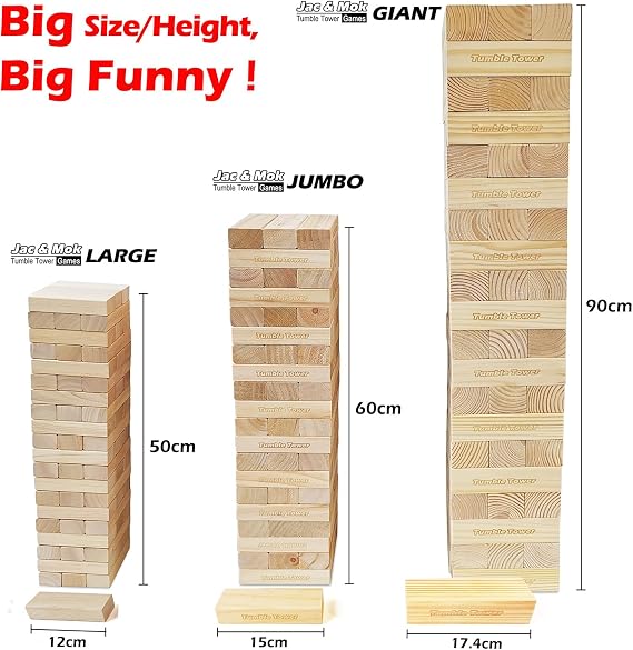 Jac & Mok Tumble Tower Wooden Toppling Blocks Game set,Large Table Top Stacking Games with Carrying Bag (60 pcs Large Tumble Tower, Hardwook Rubber wood)