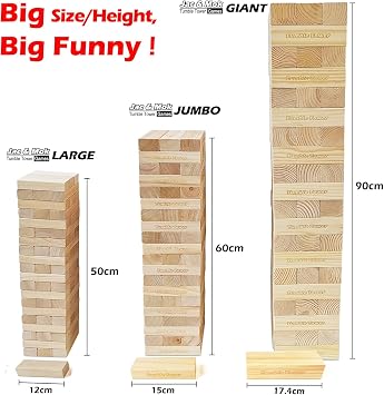 Jac & Mok Tumble Tower Wooden Toppling Blocks Game set,Large Table Top Stacking Games with Carrying Bag (60 pcs Large Tumble Tower, Hardwook Rubber wood)
