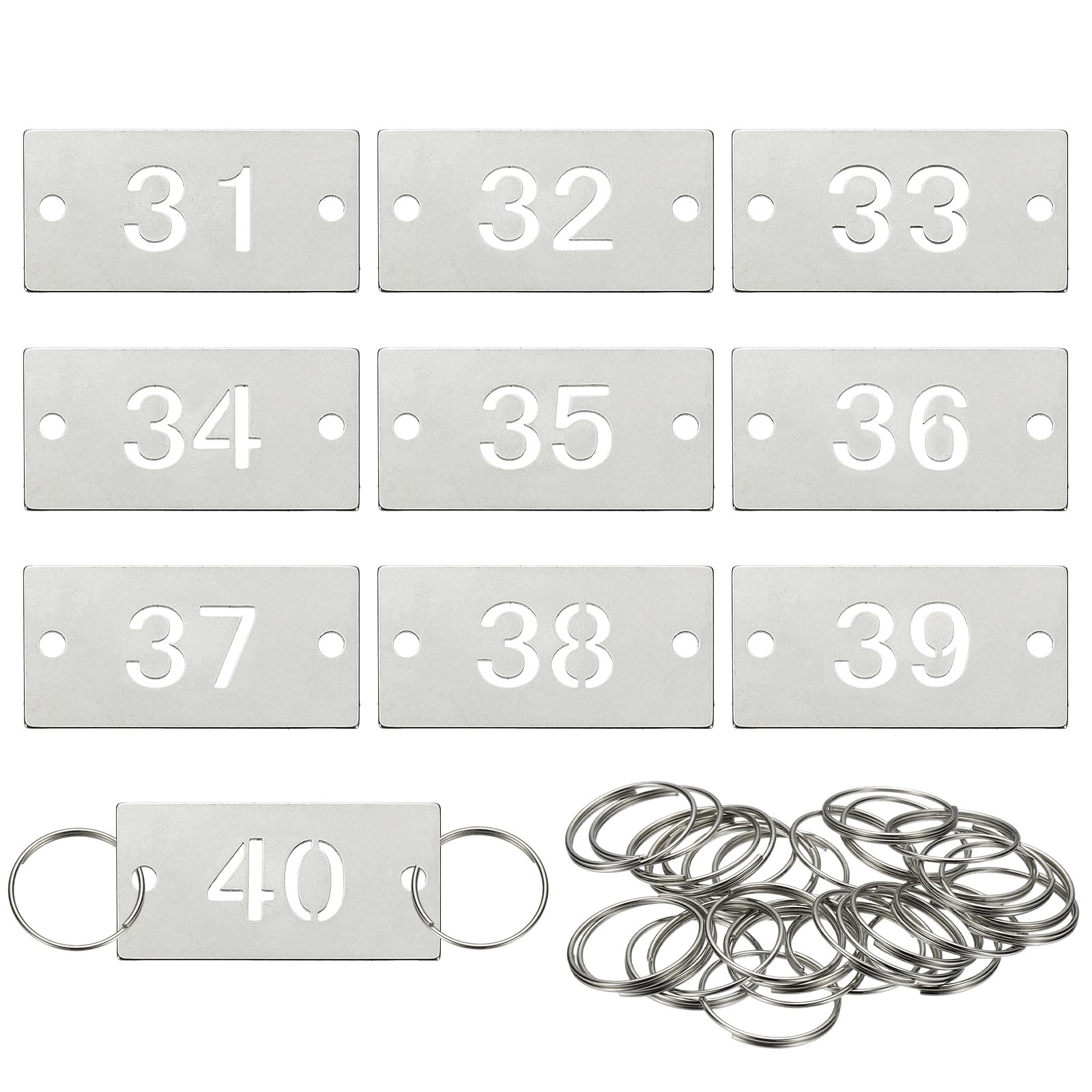 PATIKIL 10PCS Number Tags 31-40, Number Key Tags Stainless Steel Numbered Keychain Metal Sheet Plate with 2 Holes Key Rings for Plant Organizer Field Hangers Labels, Rectangle, Silver