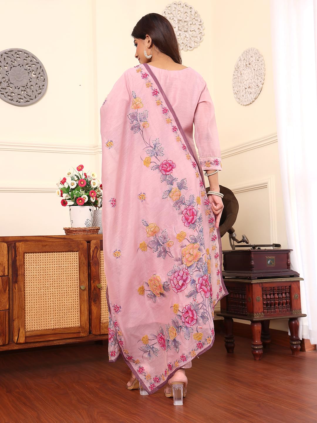 Varanga Women Pure Mauve Kantha Hand Embroidered Kurta Set With Dupatta