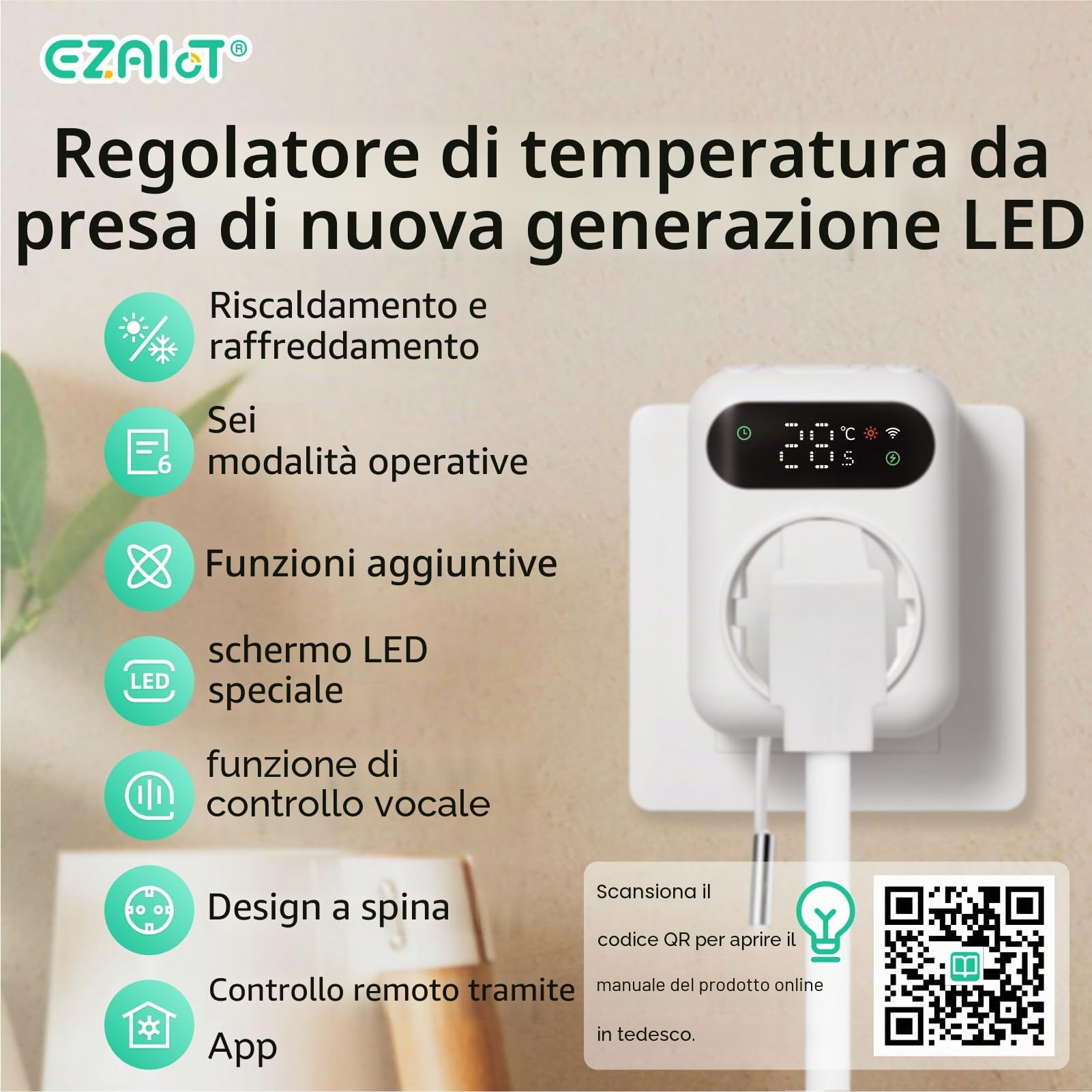 Termostato da presa WLAN - riscaldamento/raffreddamento/timer, incl. sensore da 3 m e 5 cm, regolatore di temperatura intelligente, 230V, controllo wireless, per serra, acquario