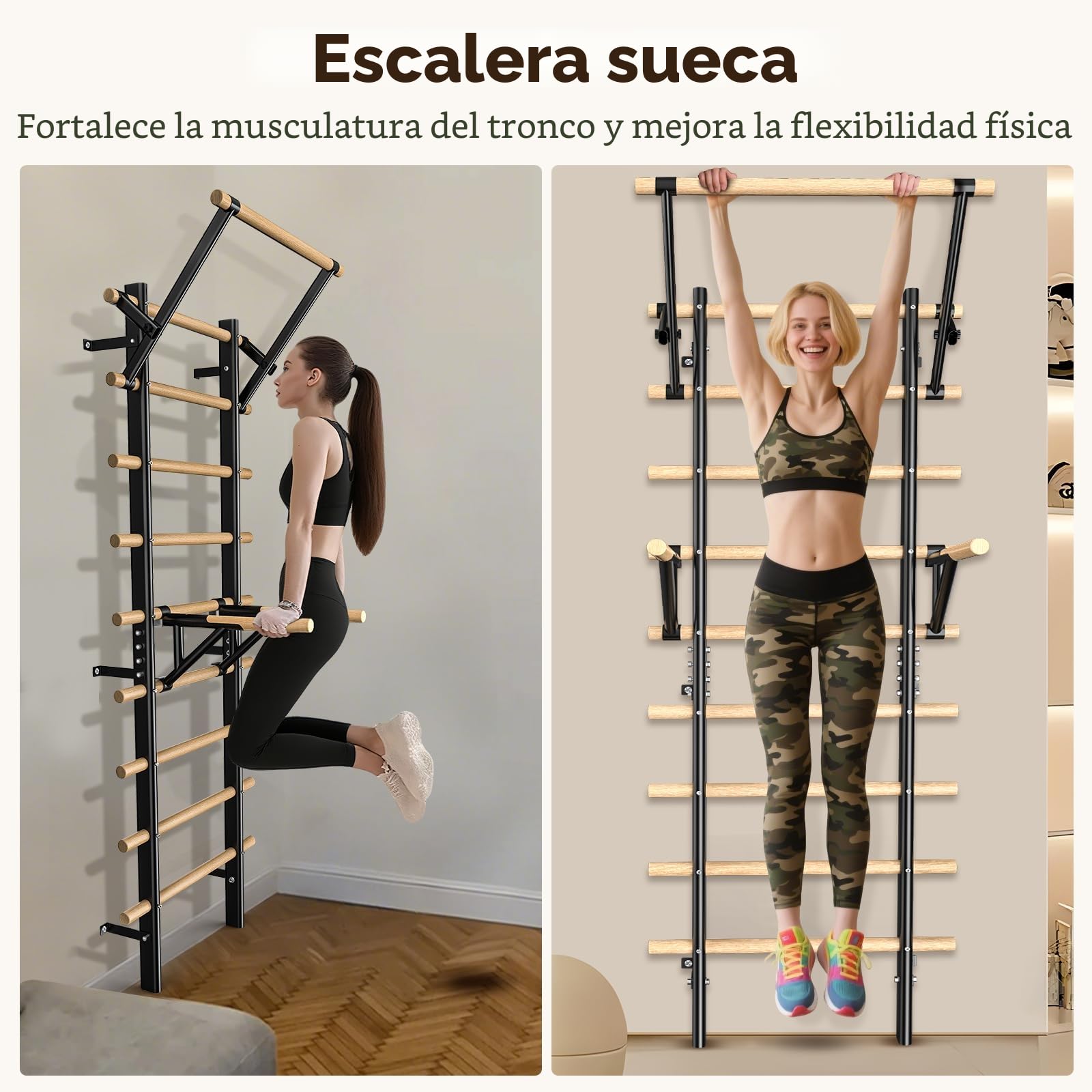 Barra de dominadas y barra de inmersión – 220 cm de madera de haya para montar en la pared – Carga máxima de 250 kg – Para entrenamiento de fuerza, calistenia y rehabilitación para adultos y niños