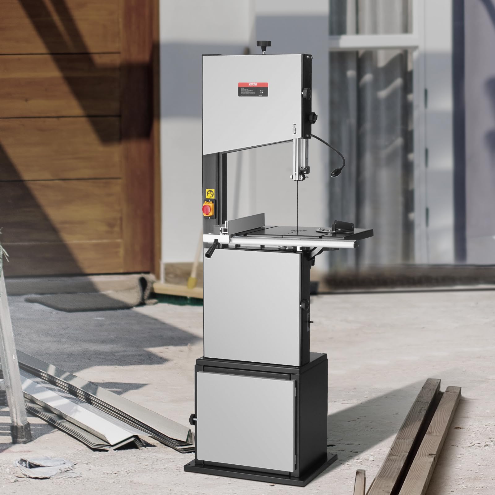 VEVOR 1100 W Sierra de Cinta con Soporte de Mesa de Funcionamiento Continuo de 440-846RPM con Guía y Calibre de Inglete Ancho de Garganta 340mm Altura de Corte de 330mm para Carpintería, Aluminio