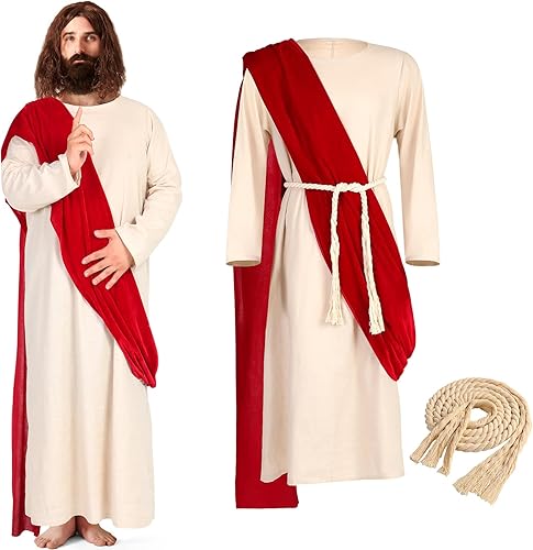 Disfraz de Jesús para adultos, traje de Jesús, disfraz de Cristo religioso, incluye bufanda, cuerda para la cintura para Halloween