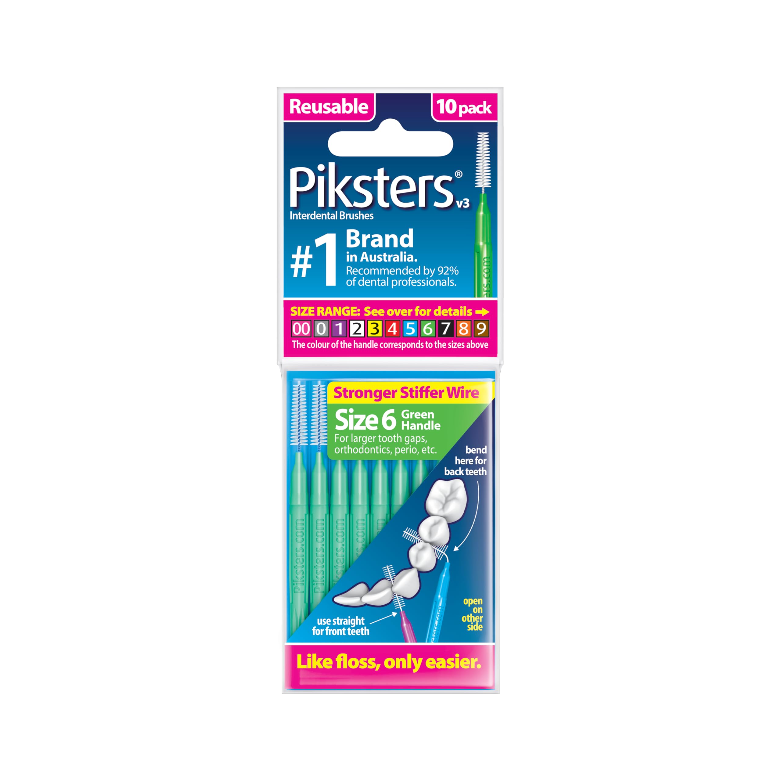 Piksters Interdental Brushes, Sizes 000 to 7, 10 Pack (Size 6 (Green), 10 Count (Pack of 1))