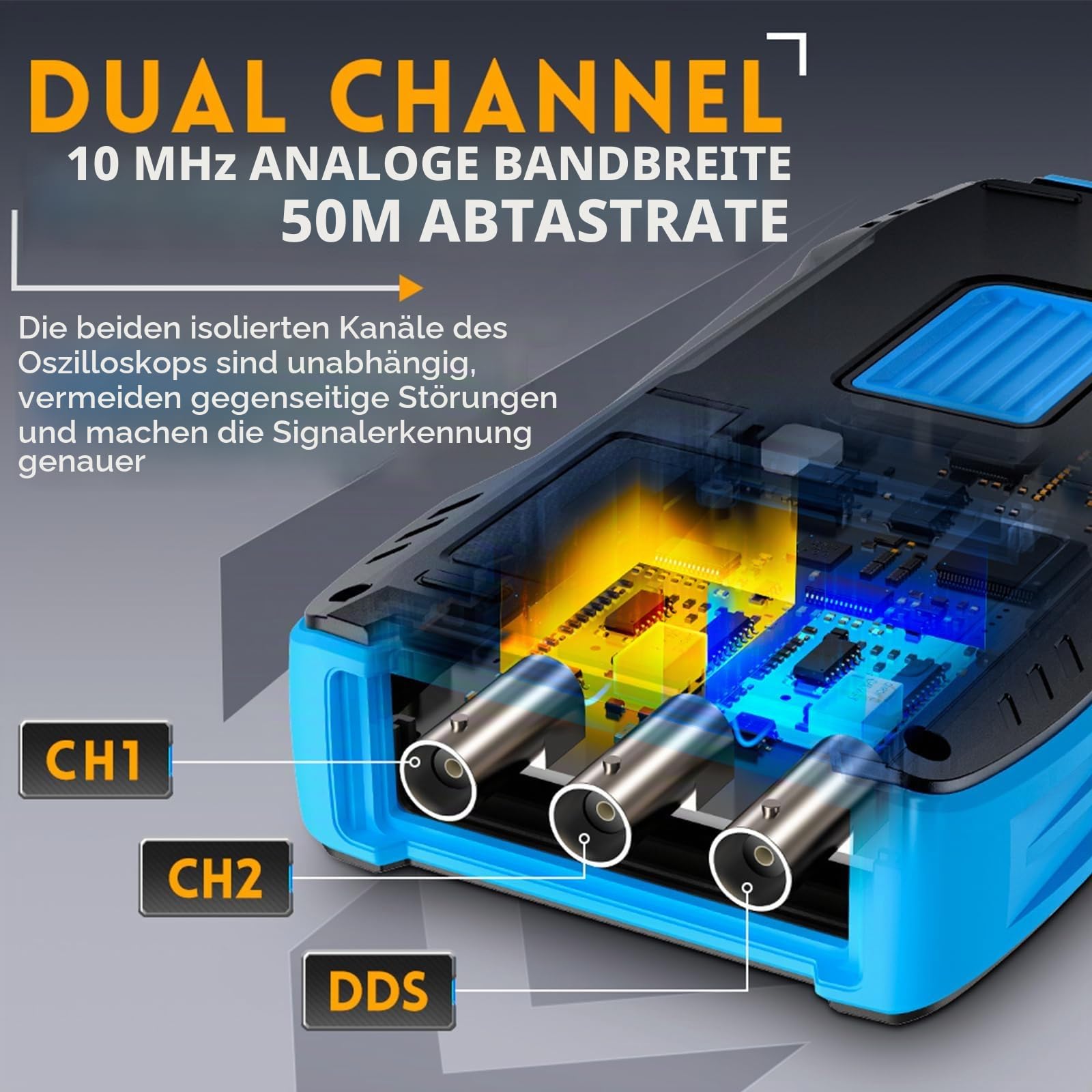 DollaTek 2C23T 3-in-1 Hand Oszilloskop, 2 Kanäle 10 MHz, 50 MSa/s Abtastrate, Multimeter & Signalgenerator, 2,8 Zoll HD-Display, 3000mAh Akku, Mehrsprachig, für Werkstatt, Labor & Automobilprüfung