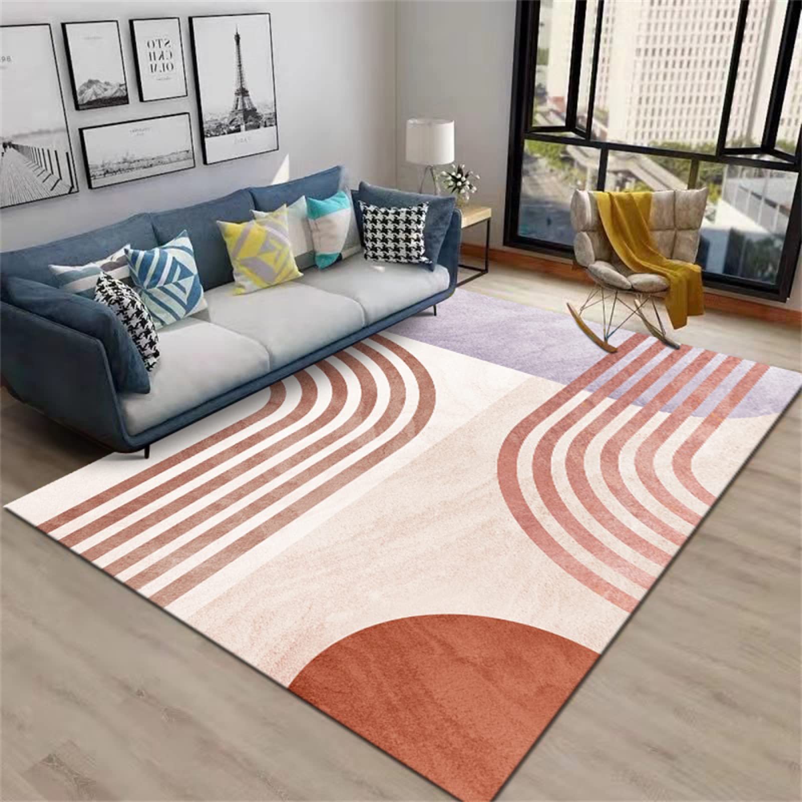 Alfombra de dormitorio suave color morado para crear un rincón de relax