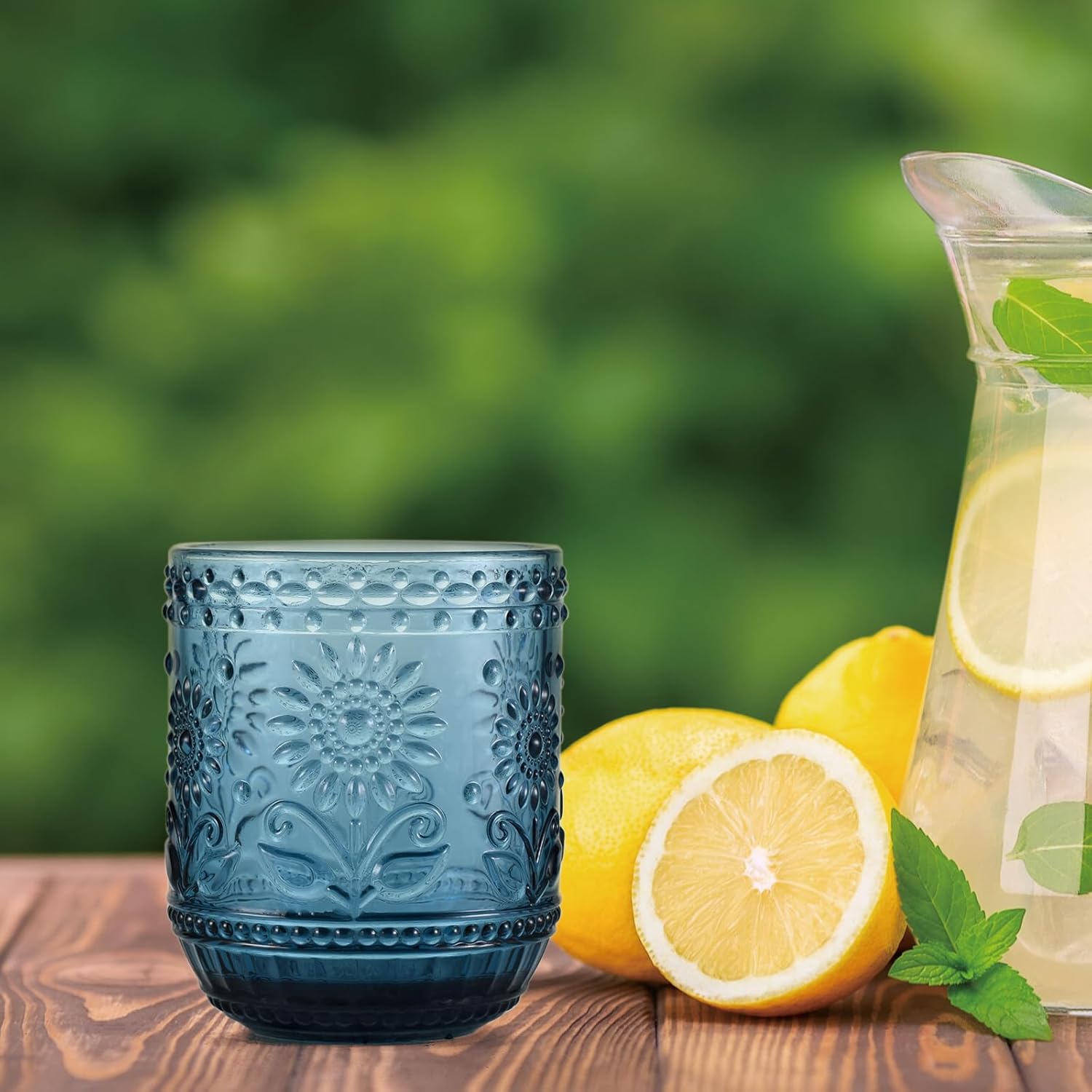 Floral Embossed Water Glasses 12 Oz, Vintage Drinking Glasses Set of 4, Colored Glass Tumblers (Blue) - Image 7