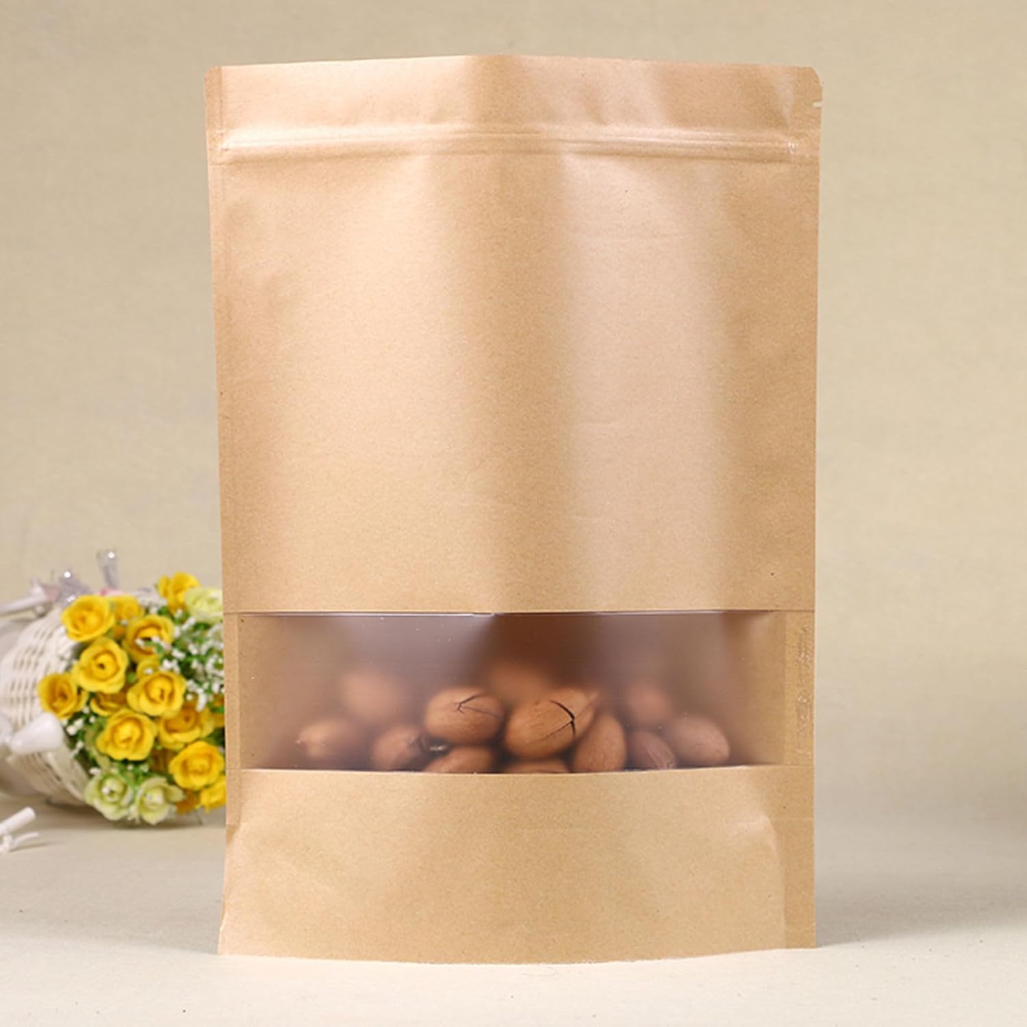 WAFUNNE 150pcs Kraft Bags with Window, 3 Sizes: 10'x14', 7'x10', 4.7'x7.8', Resealable, Disposable, Brown, Paper, Self Seal, Stand Up, Lightweight, Leak Resistant, Ideal for Food Storage
