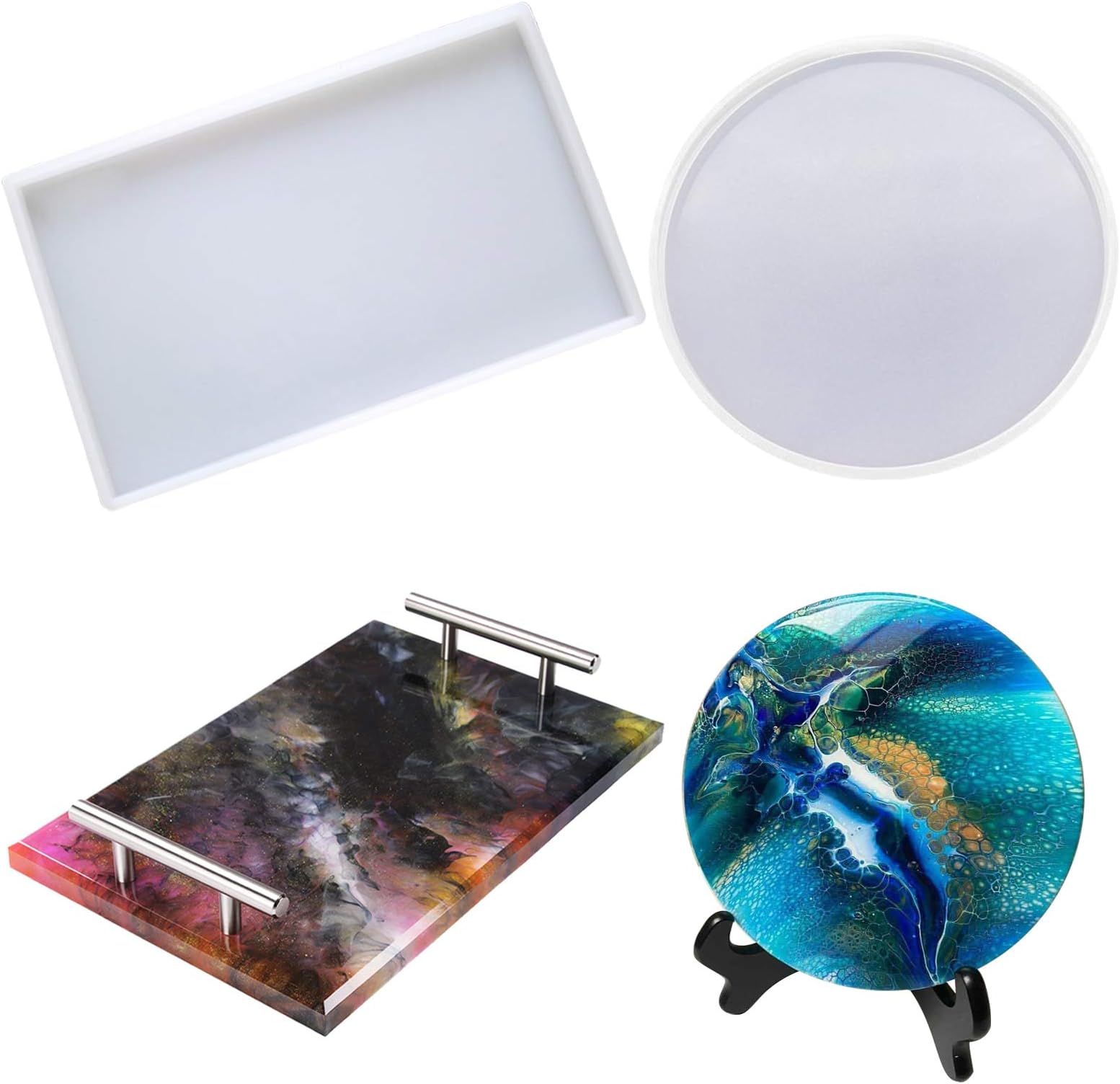 2Pack Large Resin Mold,Oversized Silicone Tray Molds for Epoxy Resin,Include Round,Rectangle Shaped Plate Molds for Resin Casting,Home Decorations Crafts