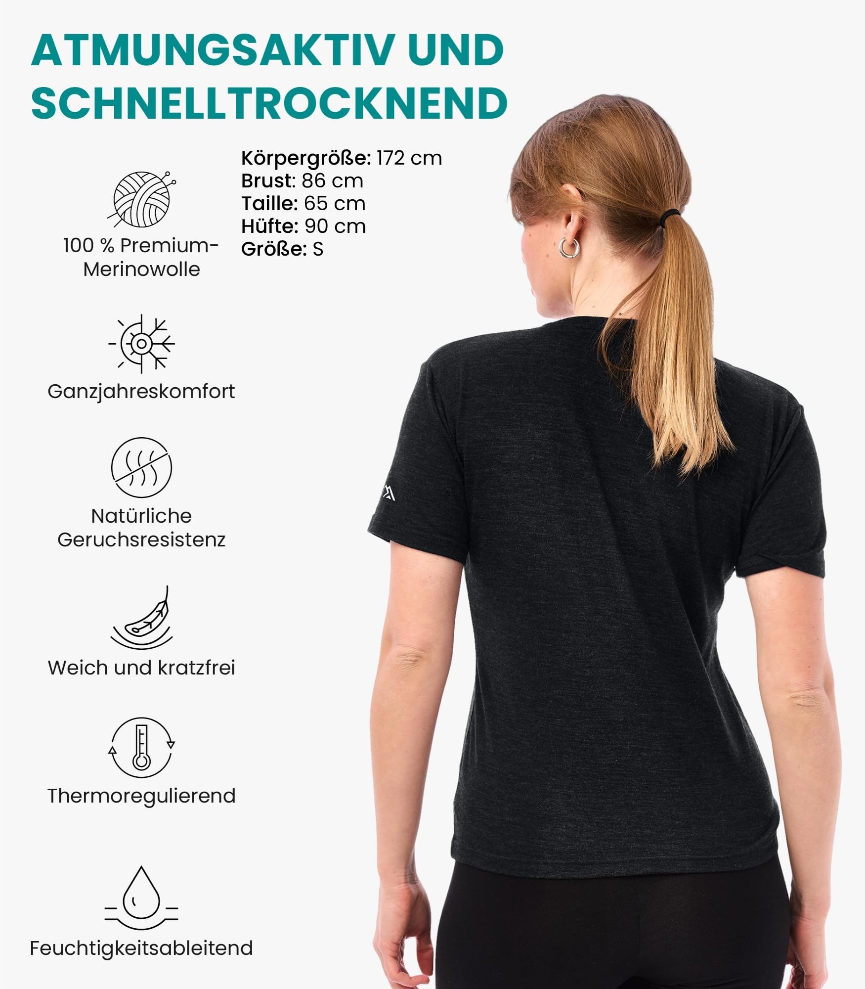 Merino.tech Merinowolle T-Shirt Damen - 100% Merinowolle Base Layer Damen Kurzarm Tee, Rundhalsausschnitt, Ebenholzgrau