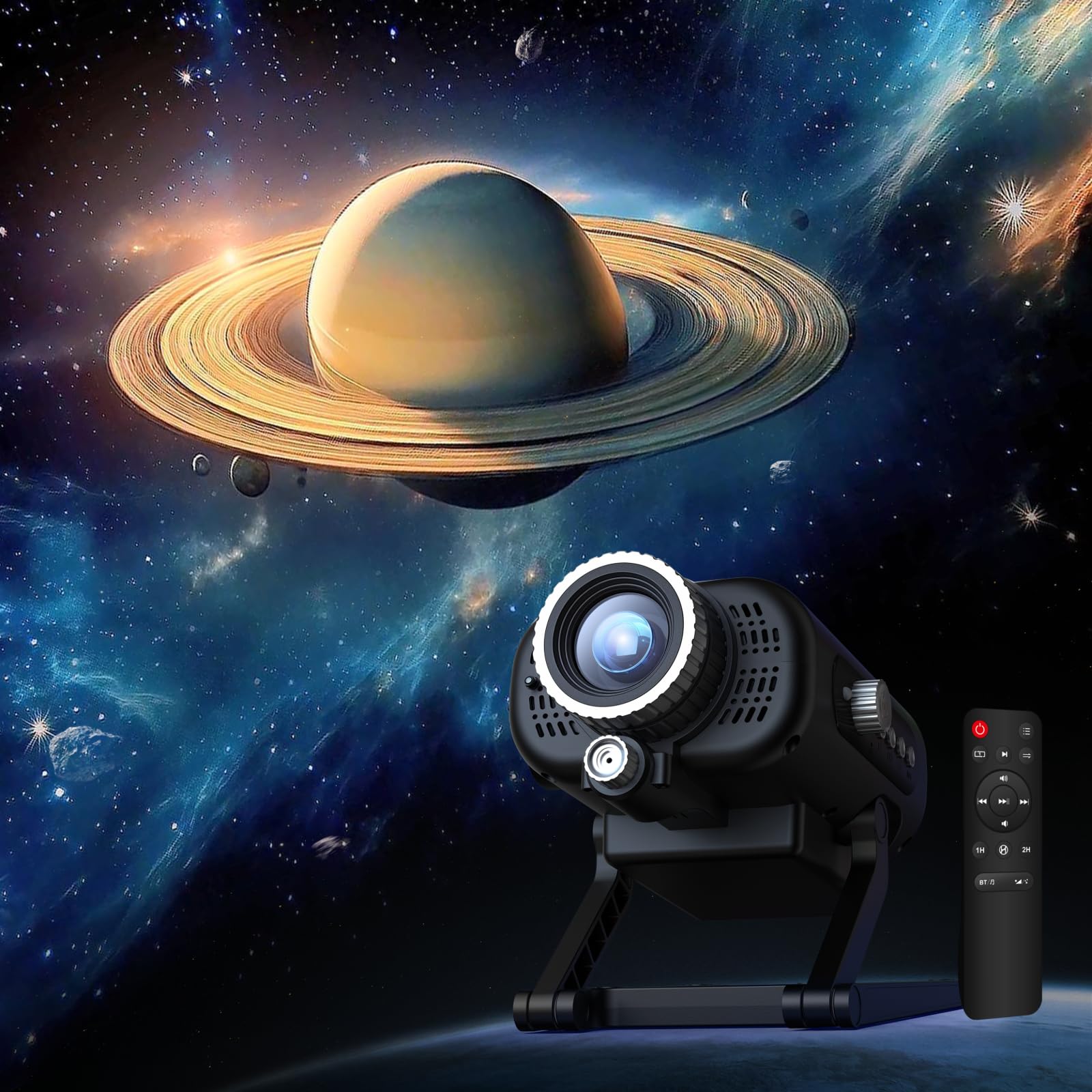 3D Galaxie Projektor mit Sternenhimmel und Bluetooth-Lautsprecher, 60 integrierte HD-Szenen ohne Projektionsscheiben, Fokus, weißes Rauschen, Fernbedienung, Nachtlicht fürs Schlafzimmer