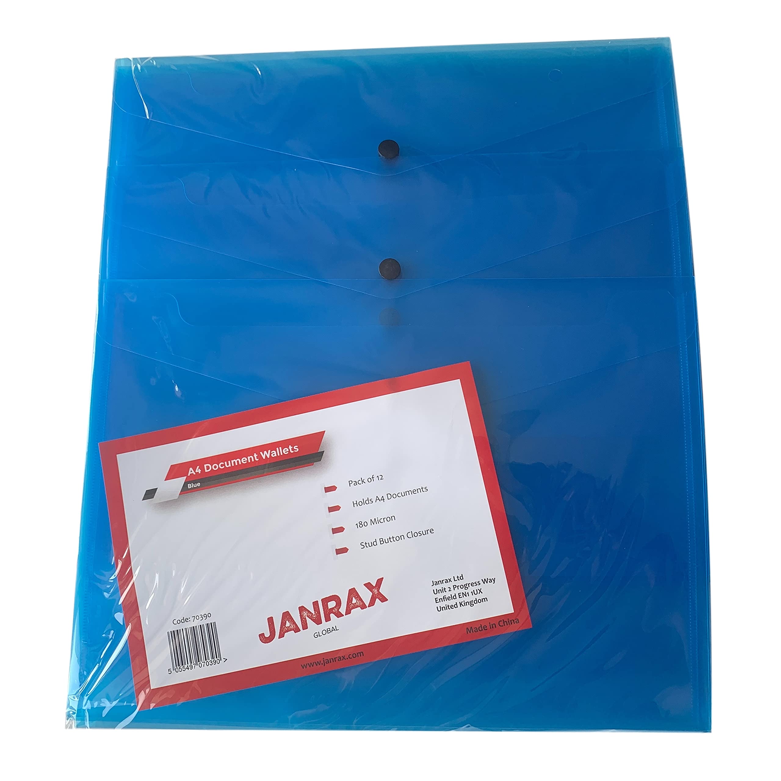 Pack of 36 Janrax A4 Blue Document Wallets - Button Stud Folder