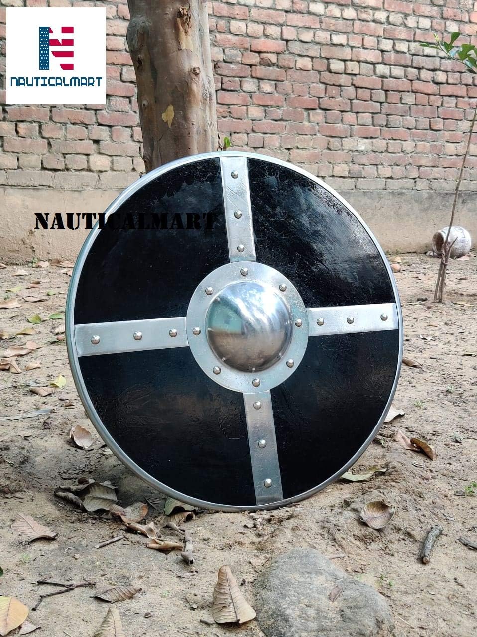 Wildman Berserker Viking Barbarian Medieval Black Wood and Steel Replica Shield LARP Costume Piece