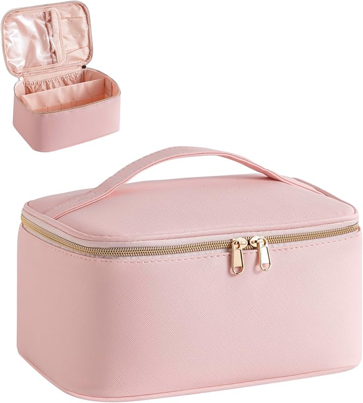 Necessaire organizadora de maquiagem JRQCSJY rosa com padrão cruzado, compartimento para pincéis, divisória removível e zíper