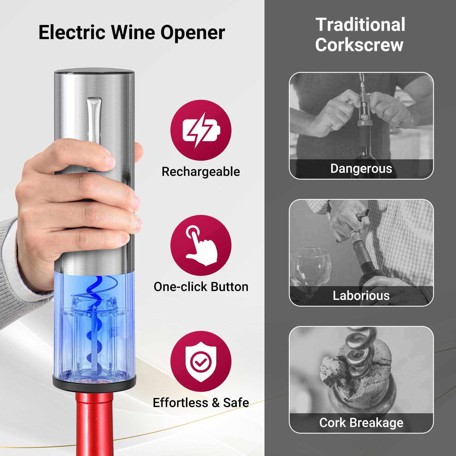 Todeco Set de Vino Eléctrico, Sacacorchos USB-C con Aireador y Tapón