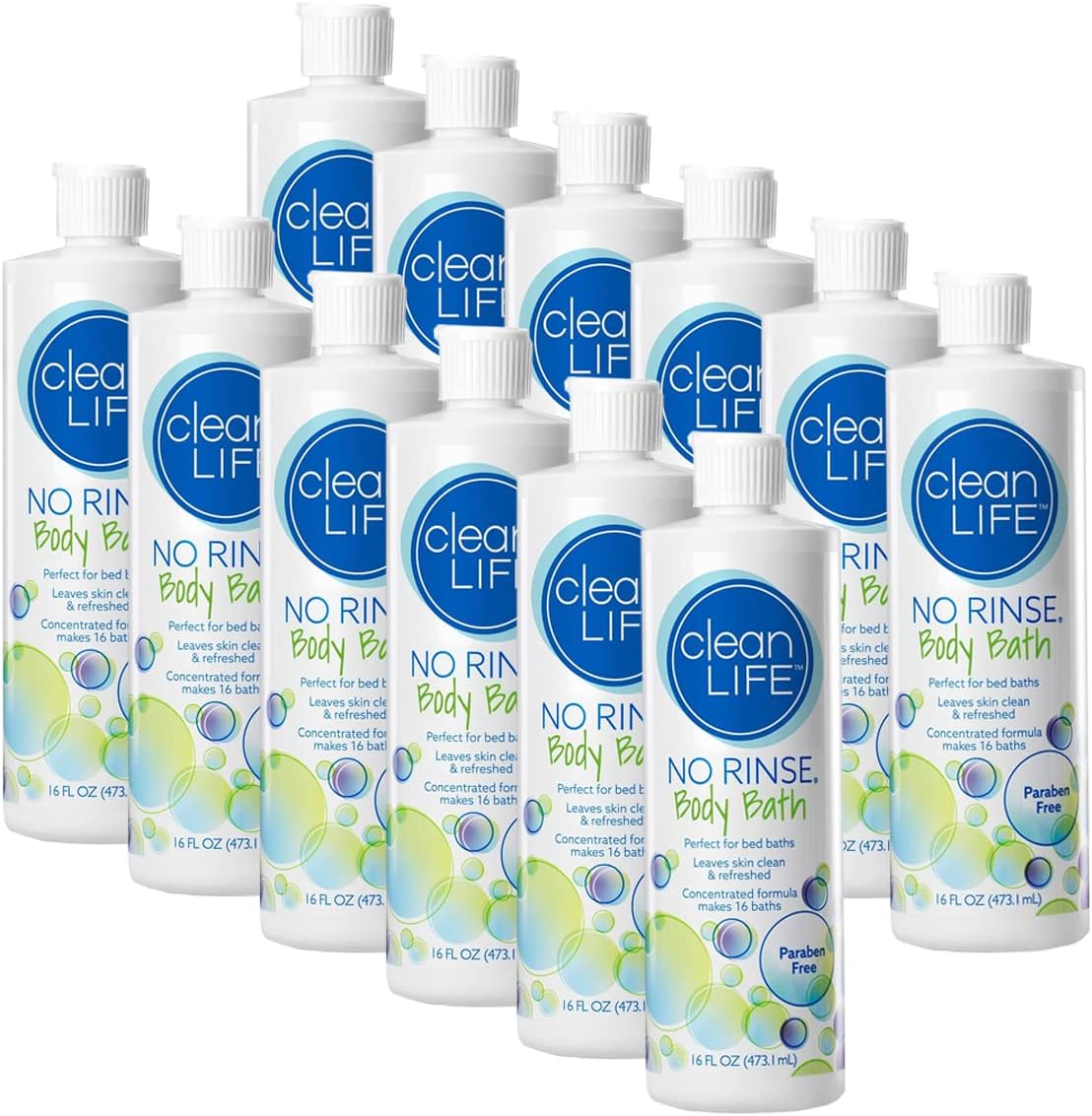 No-Rinse CleanLife Products Body Bath, 16 fl oz (Pack of 12, Makes 192 Complete Baths) – Gentle, Concentrated Liquid Body Wash Made in USA – Ideal for Post-Surgery, Elderly Care, Camping, and Travel