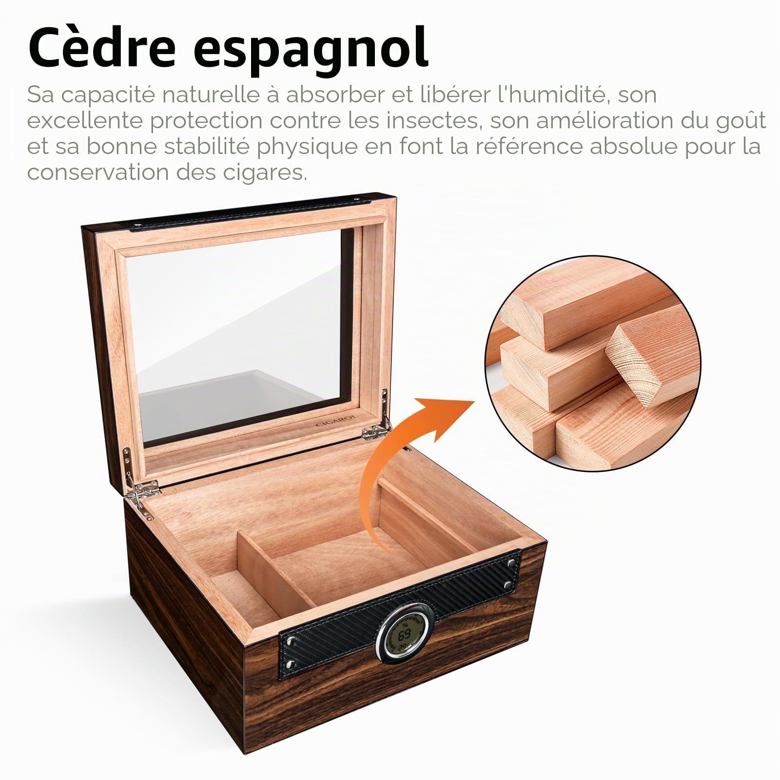 Boîte a Cigare de Luxe, Cave à Cigare en Cèdre Espagnol Capacité 70 Cigare Cubain, Humidor Cigares avec Hygromètre, Humidificateur Cigares, Plateau détachable, Superbe Cadeau pour Hommes