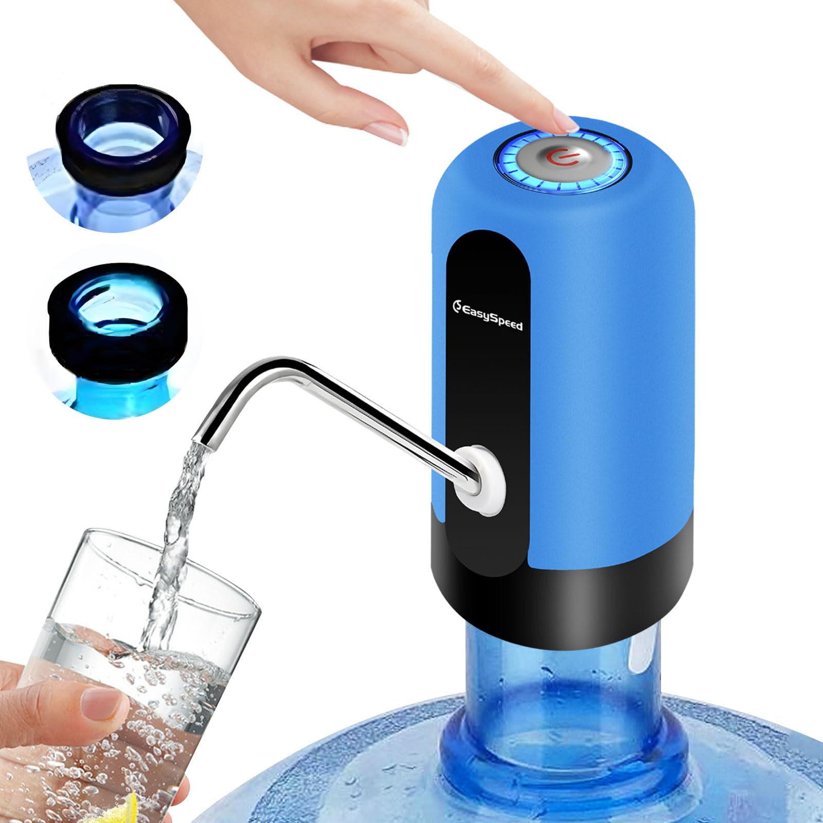 EASYSPEED Water Dispenser, USB-C Battery 1200 mAh, Water Tap Pump, Portable Electric with 2 Adapters for 5, 8, 10, 13 and 20 Litre Bottles and Bottles, Blue