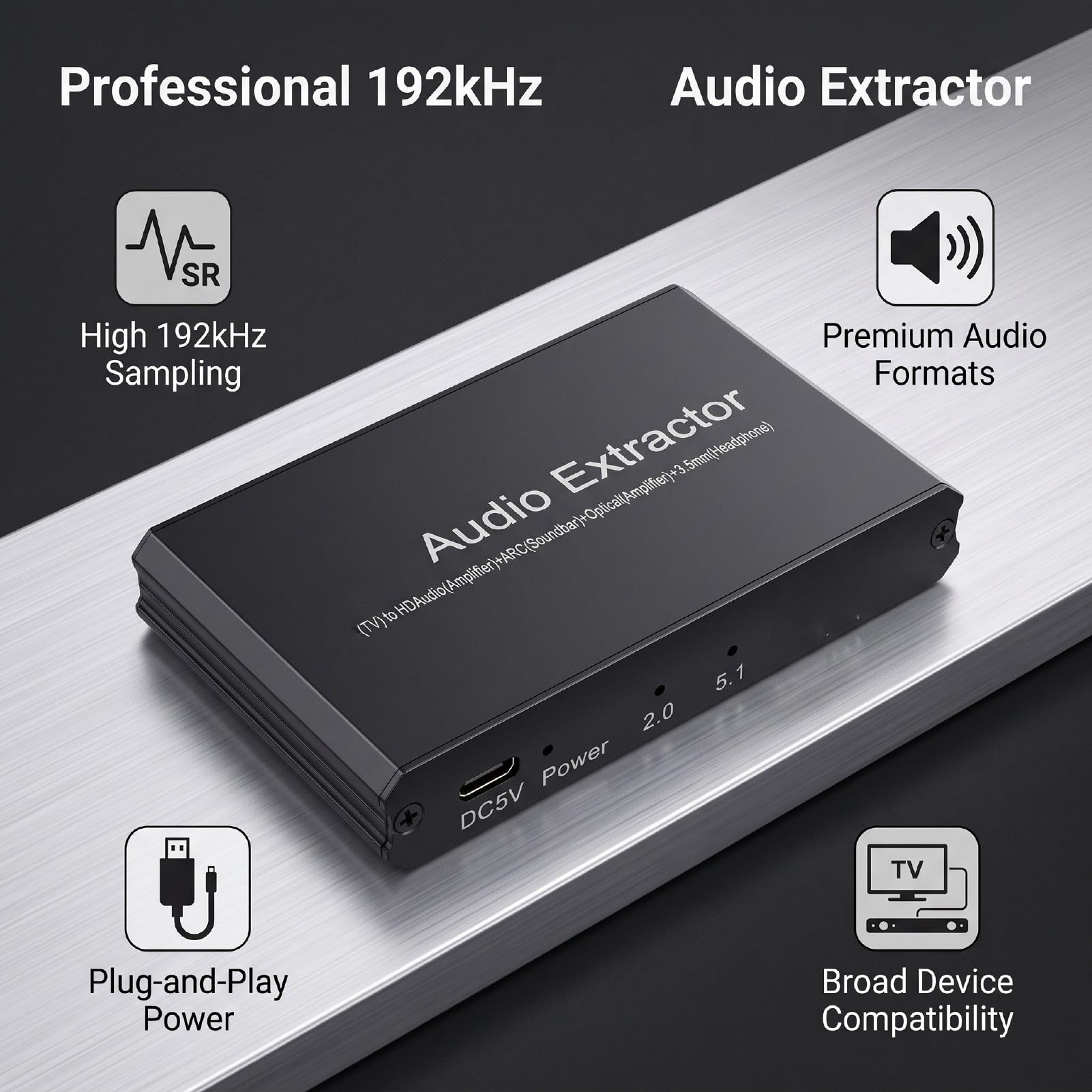 Extractor de Audio ARC a ARC/óptico/3,5 Mm/HDMI de 192 KHz