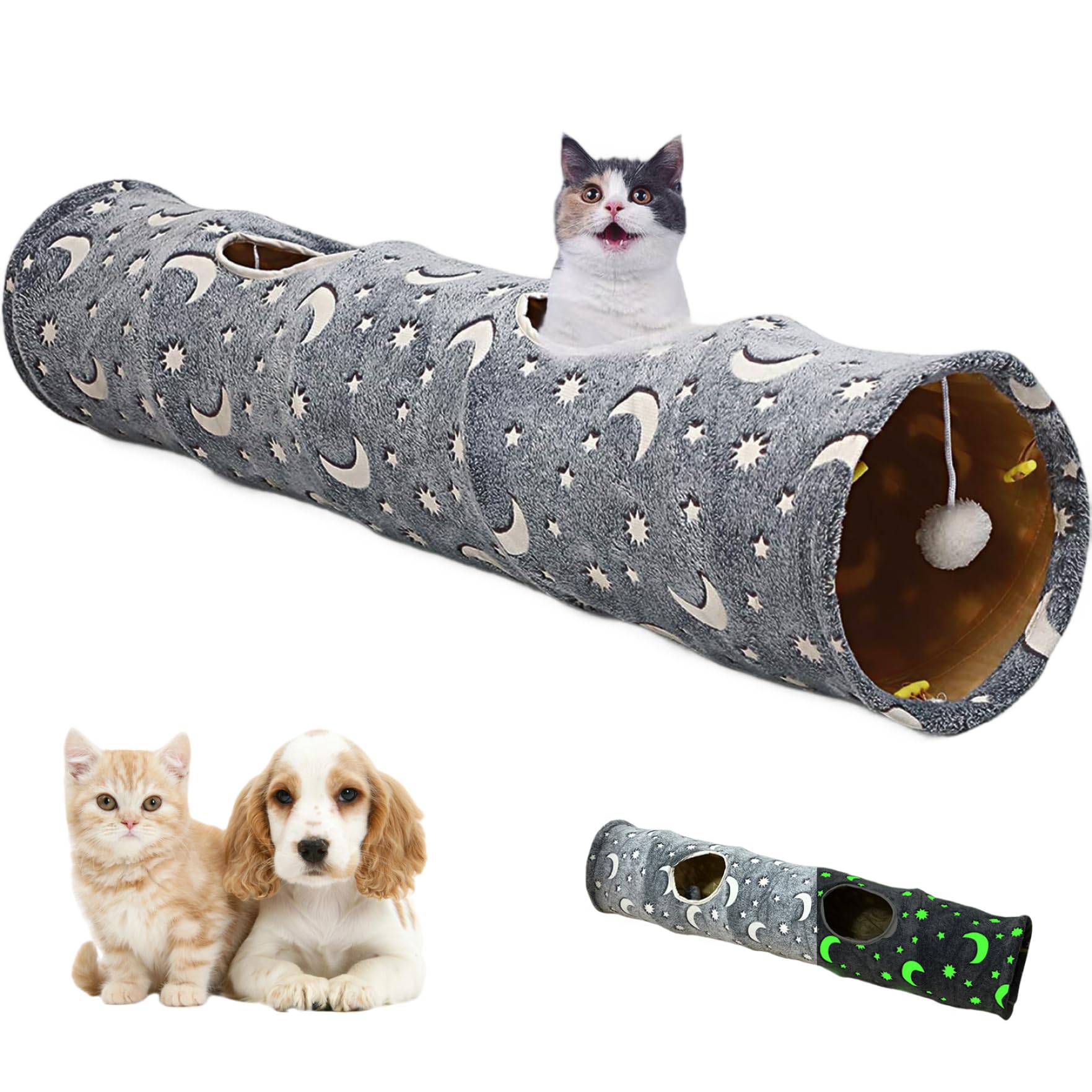 Tunnel pour chat pliable de 47 pouces avec tubes auto-lumineux et jouets en peluche intégrés