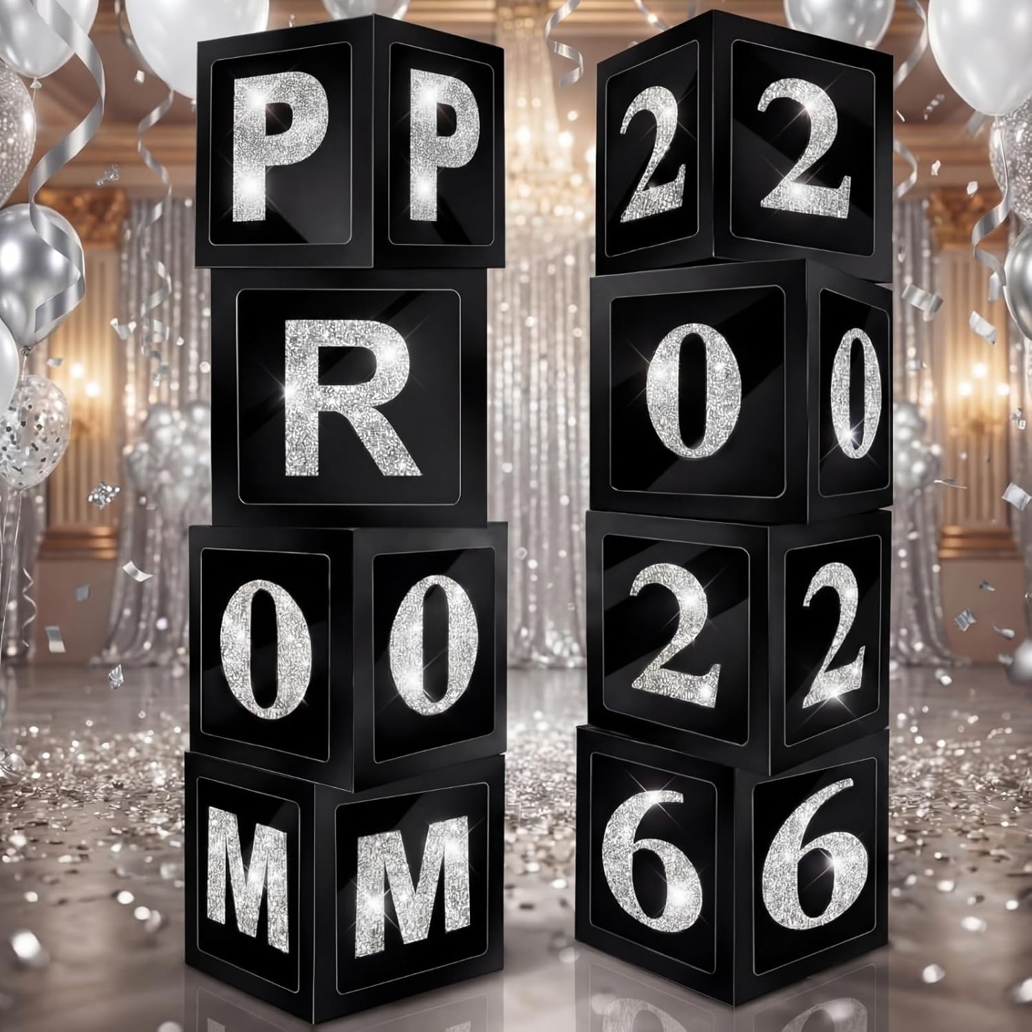 Sinmoe 8 Pcs Prom Decorations for Party 2026 Prom Column Standup 12 Inches PVC Sparkle Balloons Boxes Set Graduation Senior Night Decorations for 2026 Masquerade Graduation Photo Booth(Black Silver)