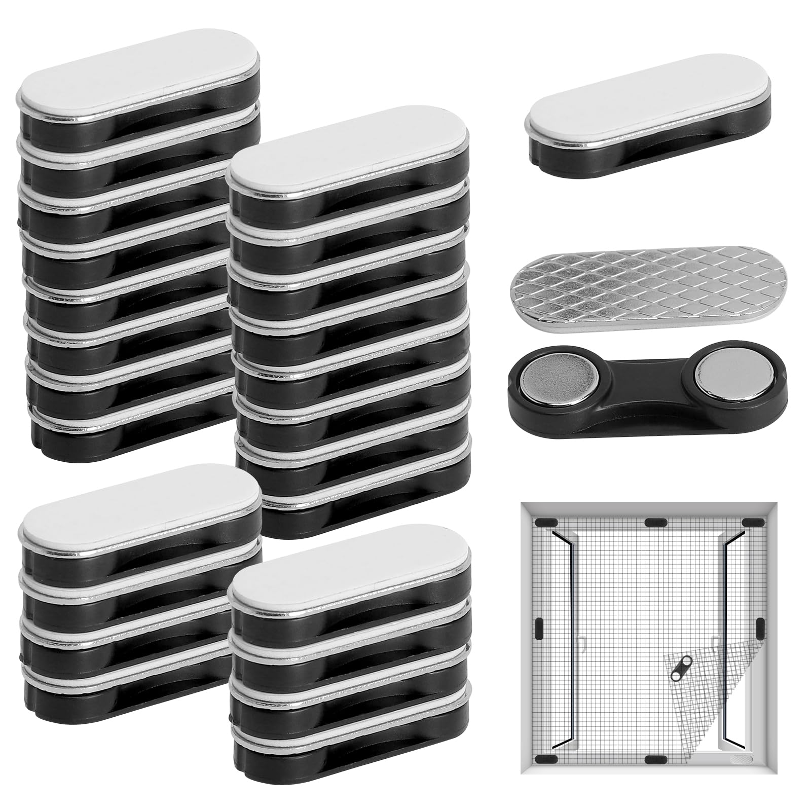 Set da 24 magneti per zanzariere 33 x 13 mm, clip magnetiche per zanzariere autoadesive, zanzariera magnetica finestra magnete zanzariera finestra senza forare per cucina soggiorno balcone e badge