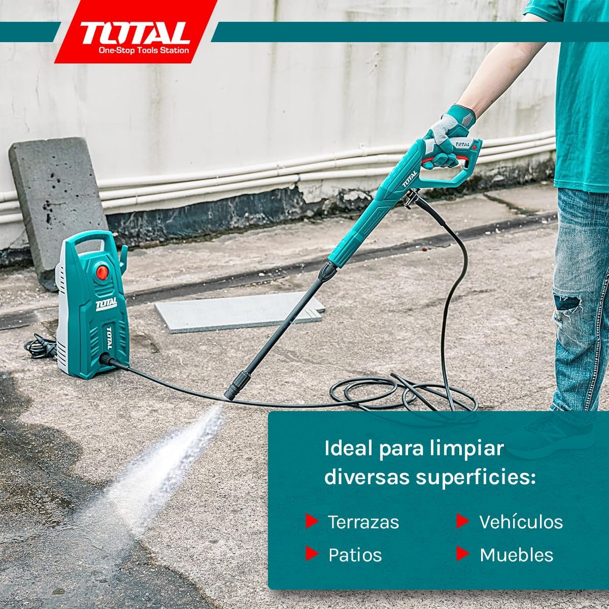 Graphic illustrating various cleaning applications for the pressure washer, including terraces, vehicles, patios, and furniture.