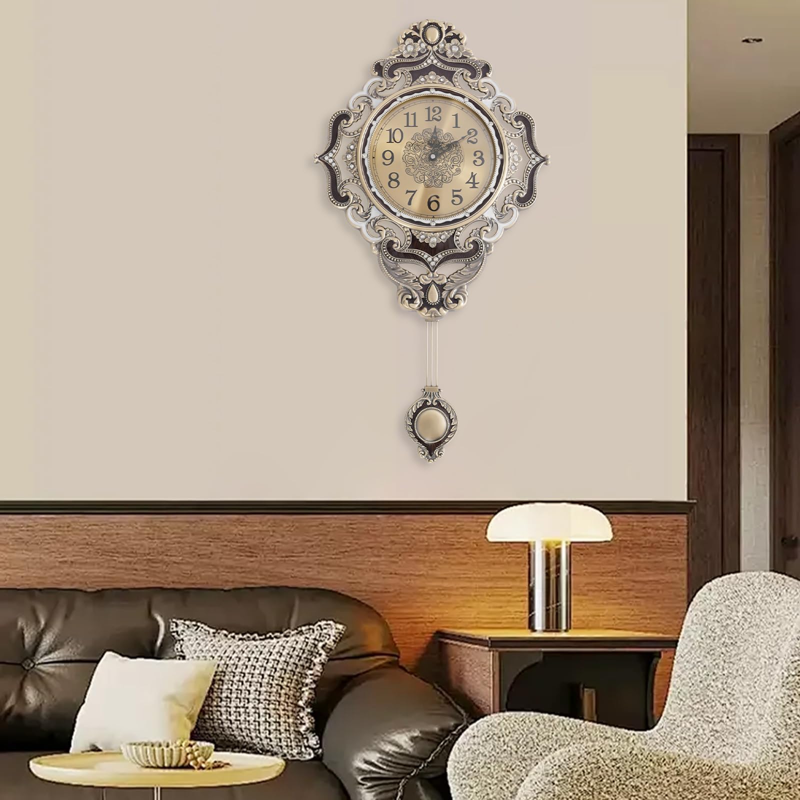 Reloj de pared retro con péndulo dorado, cuarzo, esfera silenciosa