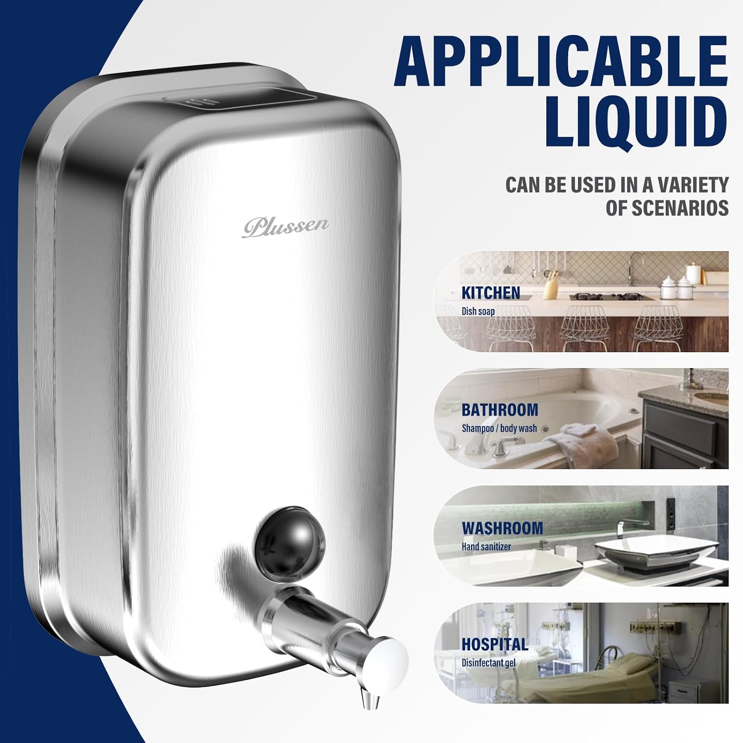 Commercial Soap Dispenser Wall Mount 304 Stainless Steel, Manual Liquid Hand Soap Dispenser for Bathroom Restroom Restaurant Hotel Office, Anti-Leak Pump