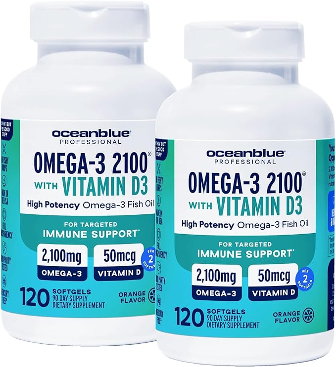 Oceanblue Professional Omega-3 2100 with Vitamin D3 – 120 ct – Triple Strength Burpless Fish Oil Supplement with High-Potency EPA, DHA, DPA and Vitamin D3 – Wild-Caught – Orange Flavor (60 Servings)