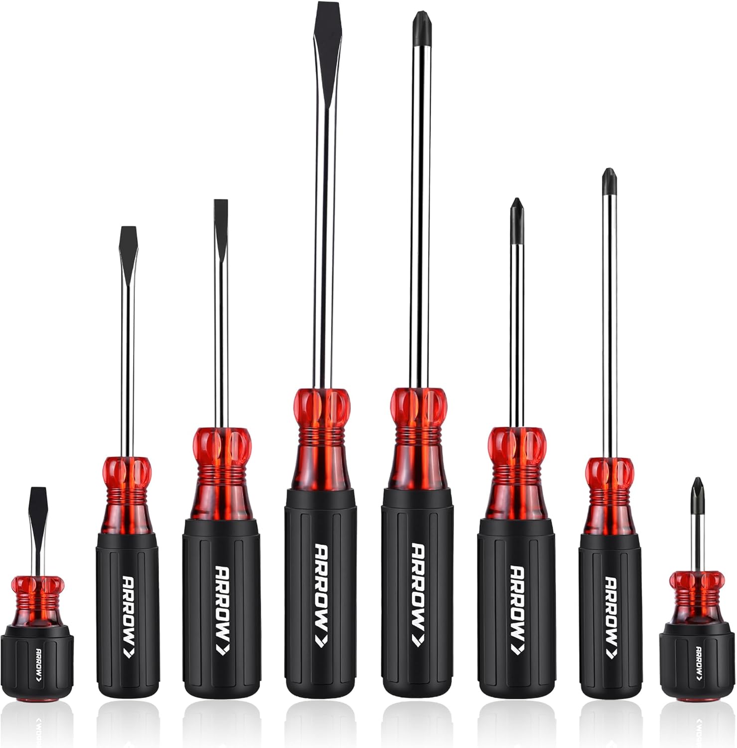 ARROW 8 PCS Magnetic Screwdriver Set, Professional S2 Steel Screw Driver Kit with Non-Slip Cushion Grip, Stubby Screwdrivers, Magnetic Phillips and Flathead Tips, for Home and Industrial Use