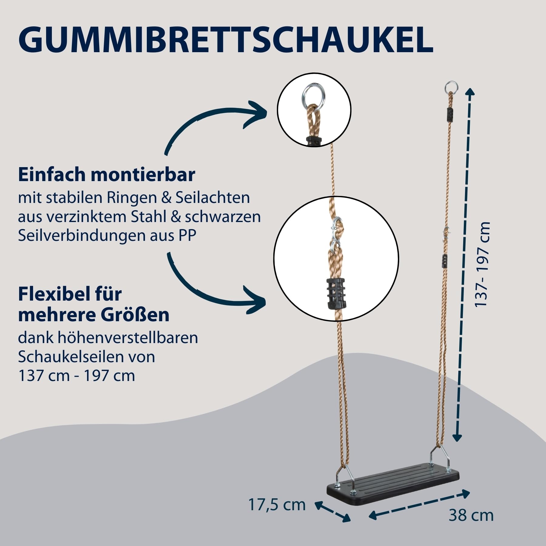 HUDORA Brettschaukel in Schwarz - Outdoor Kinder-Schaukelsitz aus Gummi - TÜV Rheinland/GS geprüfte Kinderschaukel mit höhenverstellbaren Seilen - Schaukelbrett für Kinder & Erwachsene bis 100 kg