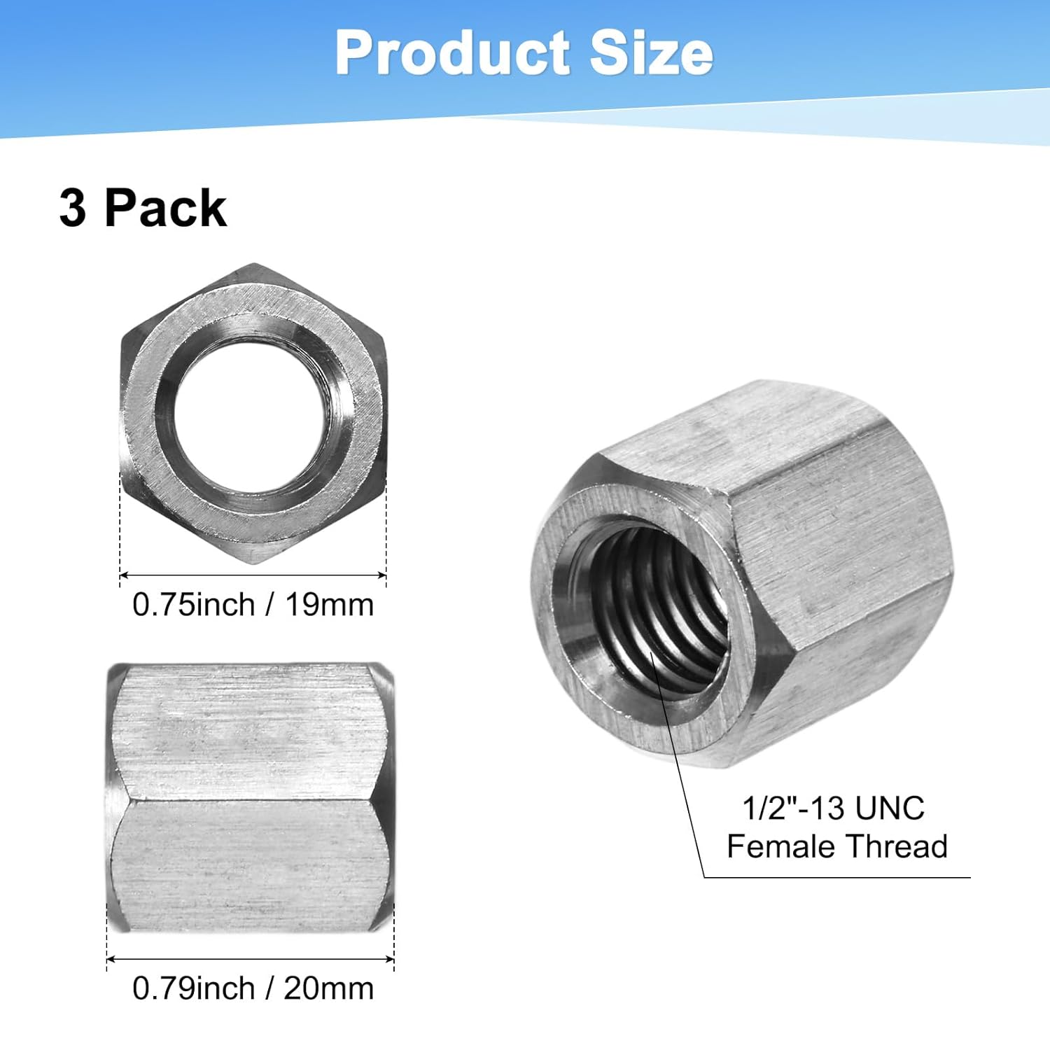 3-Pack 1/2"-13 UNC Hex Coupling Nuts, 0.79" Length 304 Stainless Steel Fully Threaded Rod Coupling Nut, Studding Connector Fasteners for Industrial/Mechanical[Silver Tone]