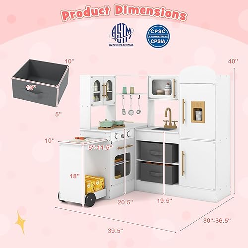 Miniatura 8 de HONEY JOY Cocina de esquina con carrito rodante, juego de cocina de juguete de simulación de madera con luces, máquina de hielo, estufas, utensilios