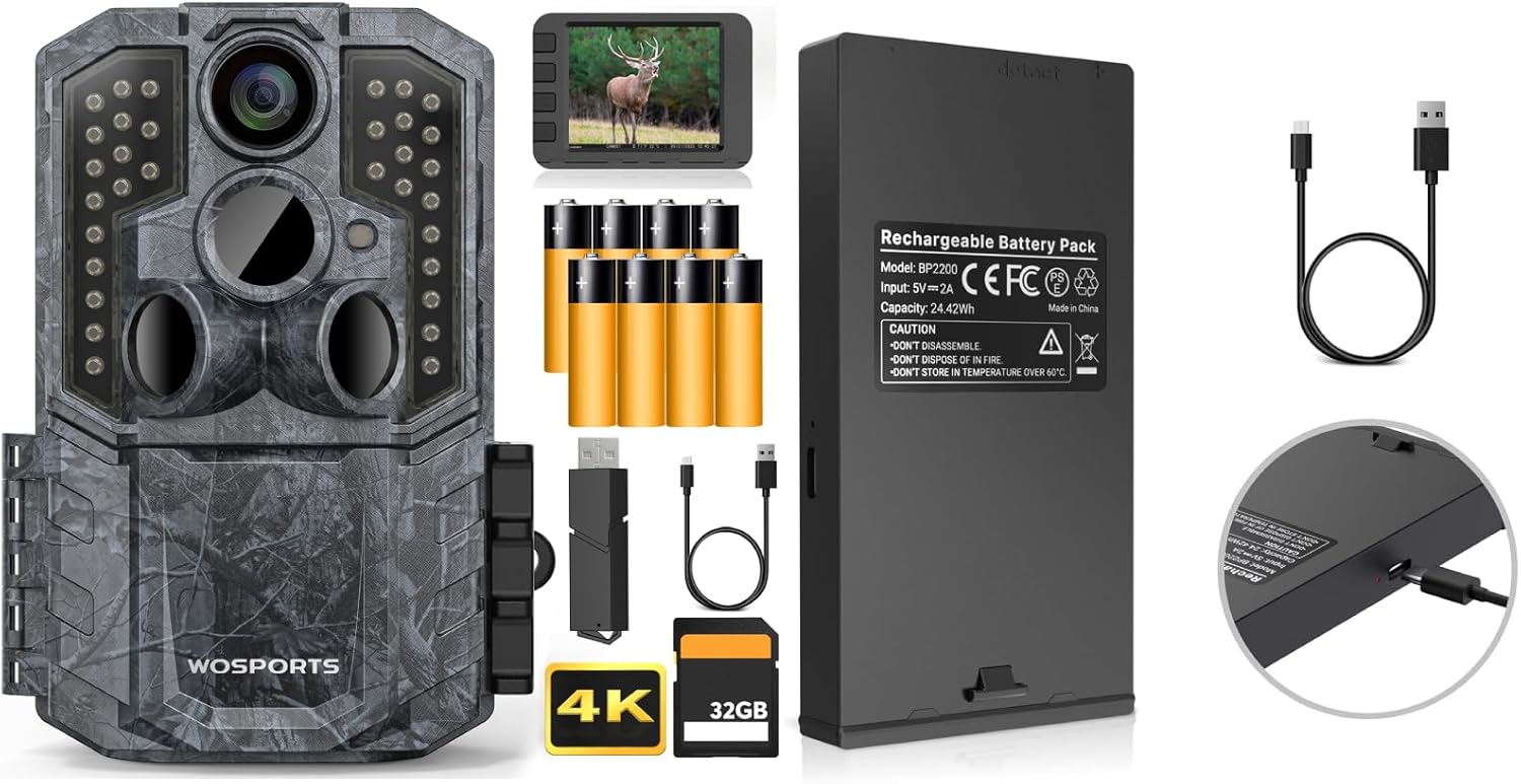 WOSPORTS AI Trail Camera+Rechargeable Lithium Battery 2200mAh