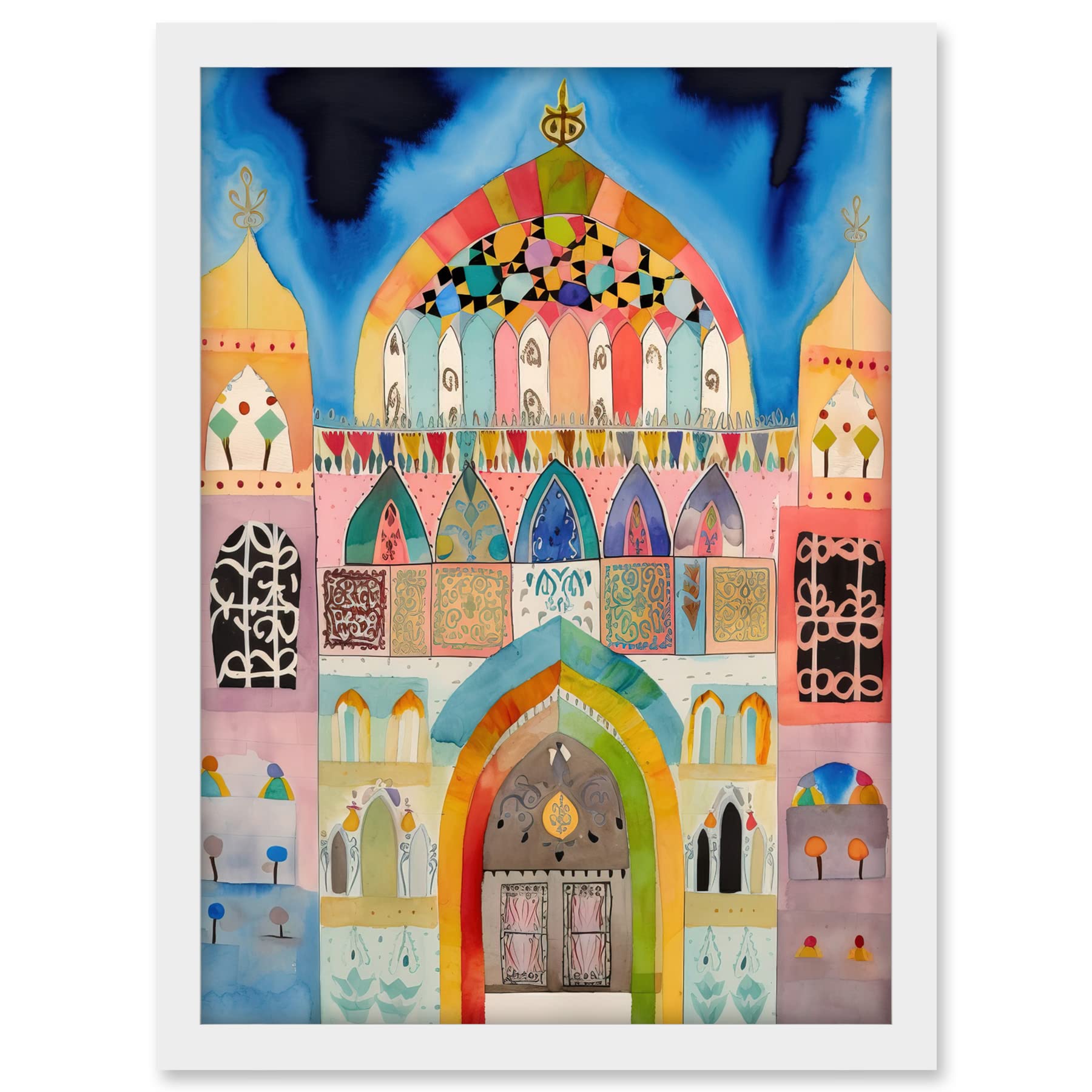 Artery8 Jewish Synagogue Decorated Facade Folk Art Watercolour Painting Artwork Framed A3 Wall Art Print