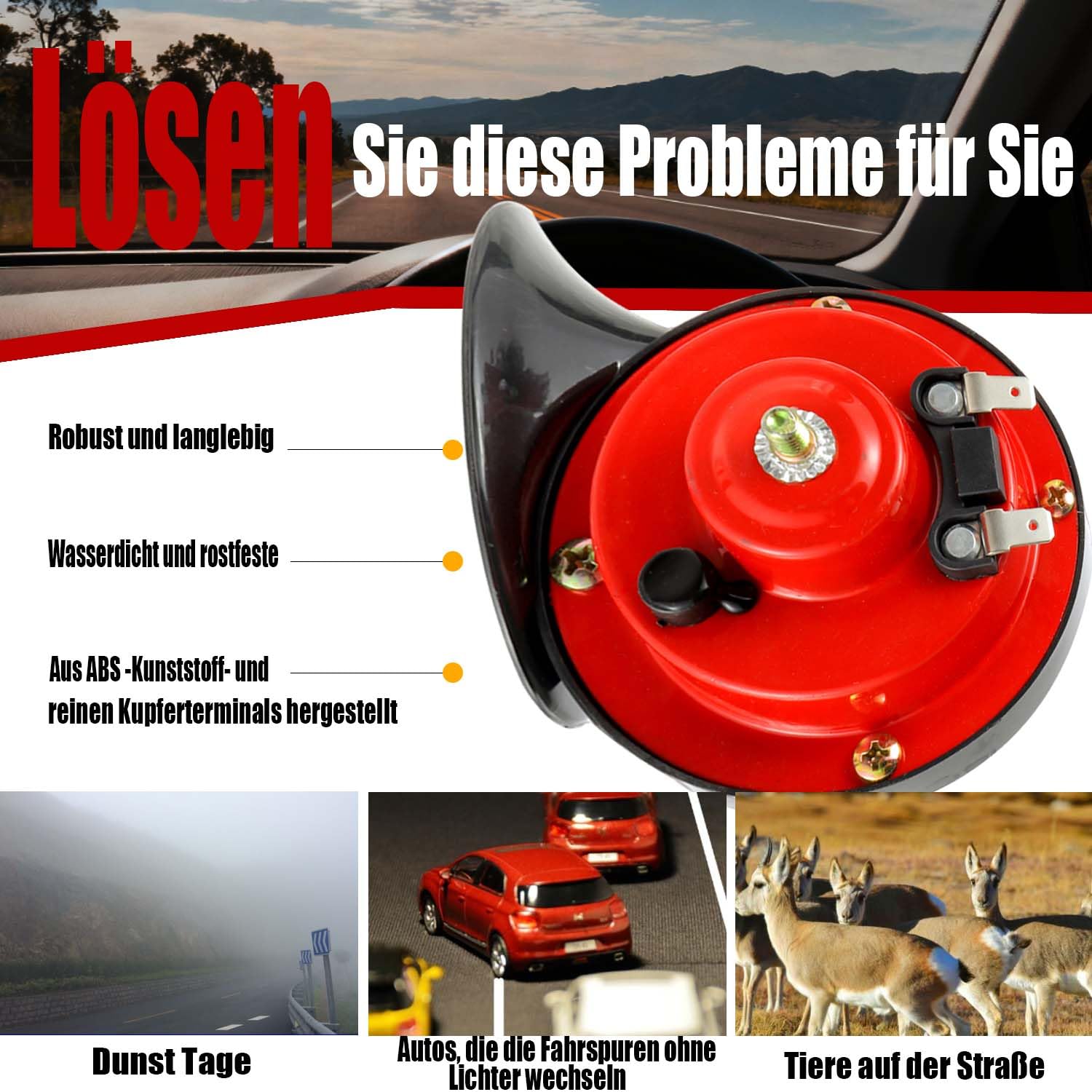 Confezione da 2 clacson ad aria compressa da 300 dB, clacson elettrico a lumaca da 12 V, clacson ad aria compressa impermeabile universale per auto, camion, moto, barca (rosso)