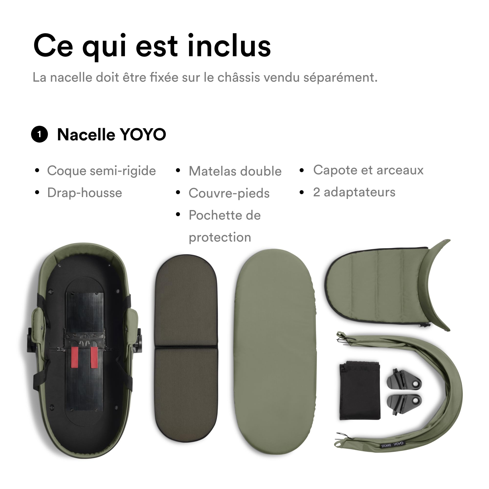 Stokke YOYO Newborn Shell, Olive - Jusqu’à 6 Mois ou 9 kg - Inclus: Coque Semi-Dure, Double Matelas, Couvre-Pieds - Cadre YOYO nécessaire (Vendu séparément)