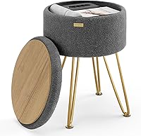 Vista 18 de STORAGEBUD Otomana redonda con almacenamiento, otomana de almacenamiento de bouclé, taburetes otomanos, taburete de tocador de maquillaje, pequeños