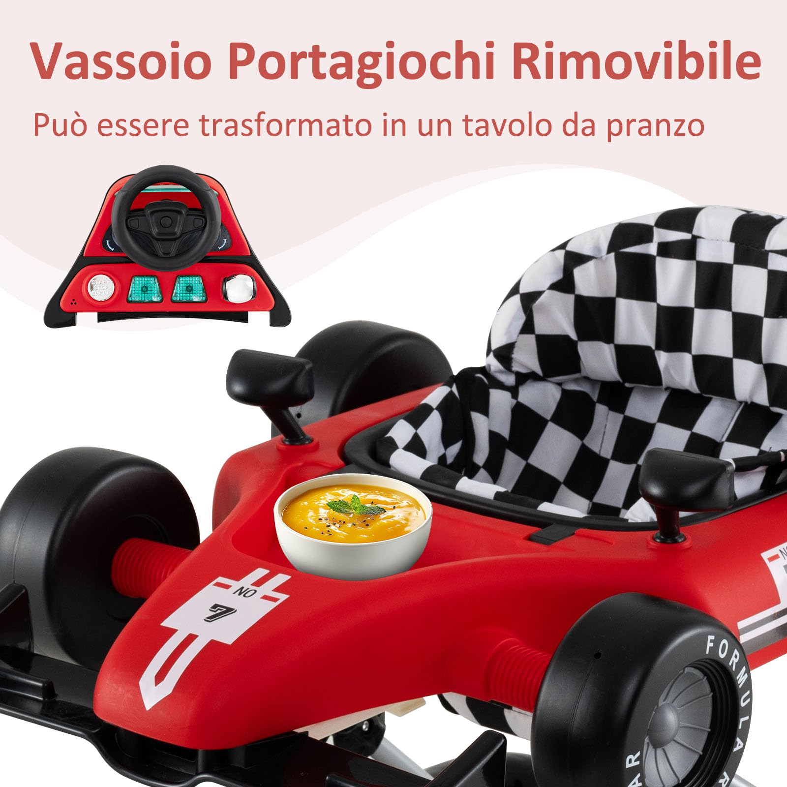 RELAX4LIFE 4 in 1 Girello a Spinta Primo Passo per Bambini da 6 a 18 Mesi con Luci e Suoni, Velocità e Altezza Regolabili, Portata 12 kg, 64x73x50,5/55,5 cm (Modello 2-Rosso) (ROSSO)