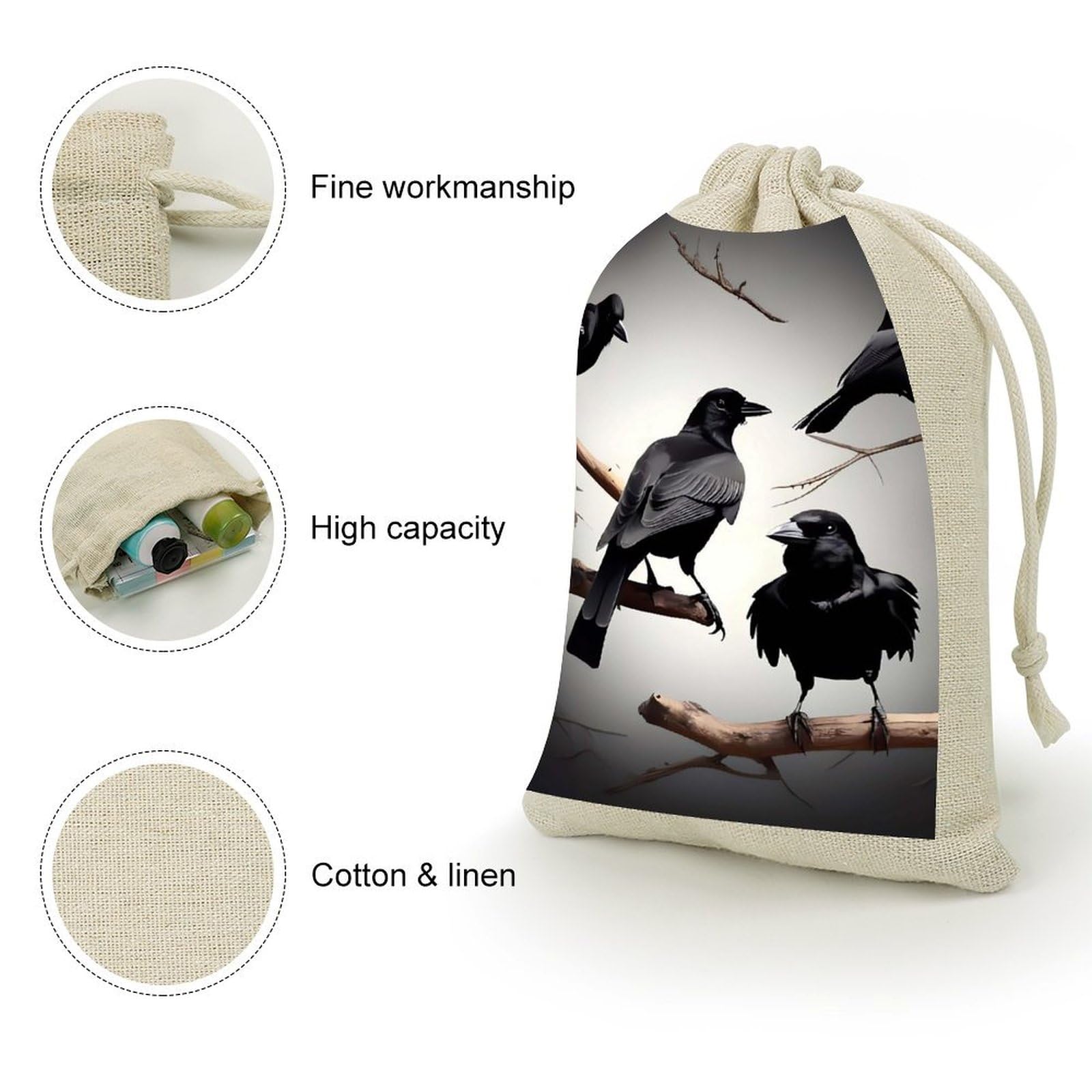 Amazon.co.jp: QMKFWT 枝に黒カラスの鳥 巾着ポーチ 小型 バルク 