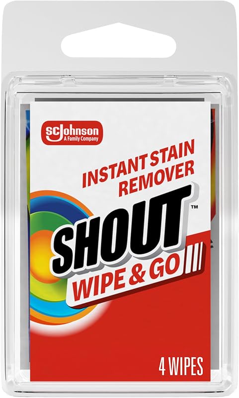 Shout Wipes, Wipe and Go Quitamanchas instantáneo, quitamanchas y manchas de lavandería para llevar, 4 toallitas (paquete de 1)