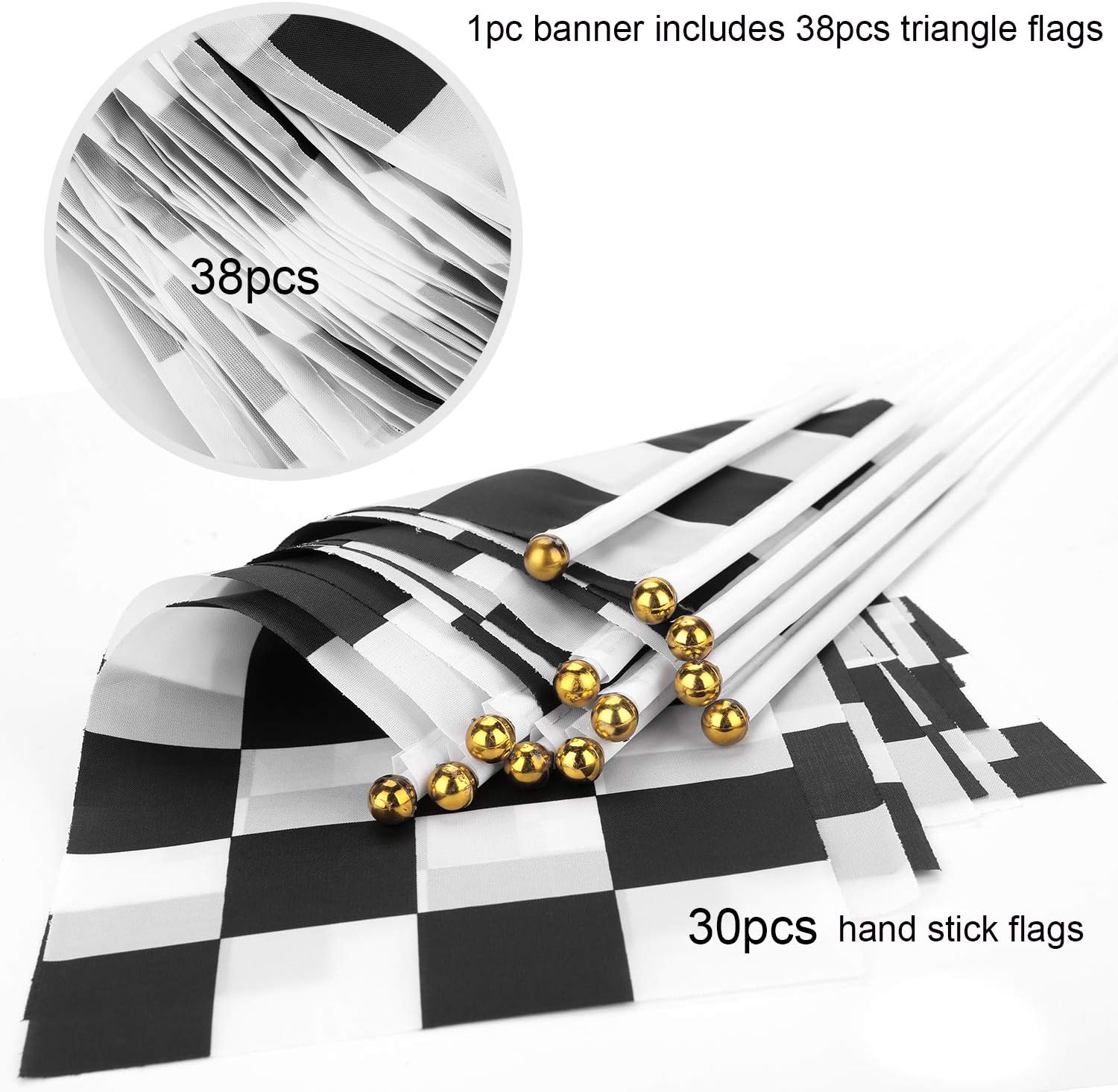 OOTSR 32ft Checkered Black and White Pennant Banner Racing Flags, and 30pcs Checkered Flags with Plastic Stick (8x5.5 Inch)