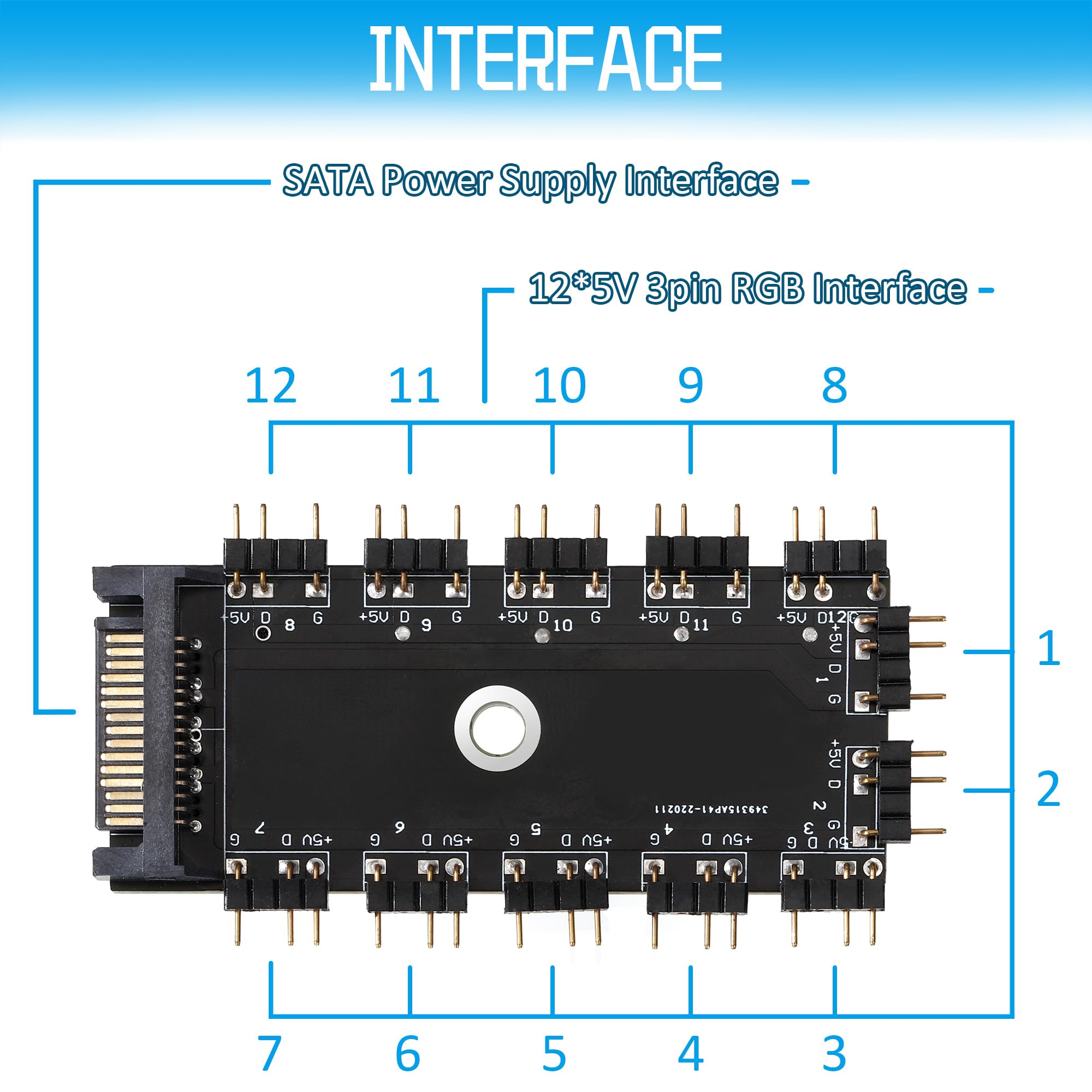 Hub Argb 5V 3Pin RGB LED Splitter Fan Hub da 1 a 11 Porte con Porta SATA per Computer PWM Fan