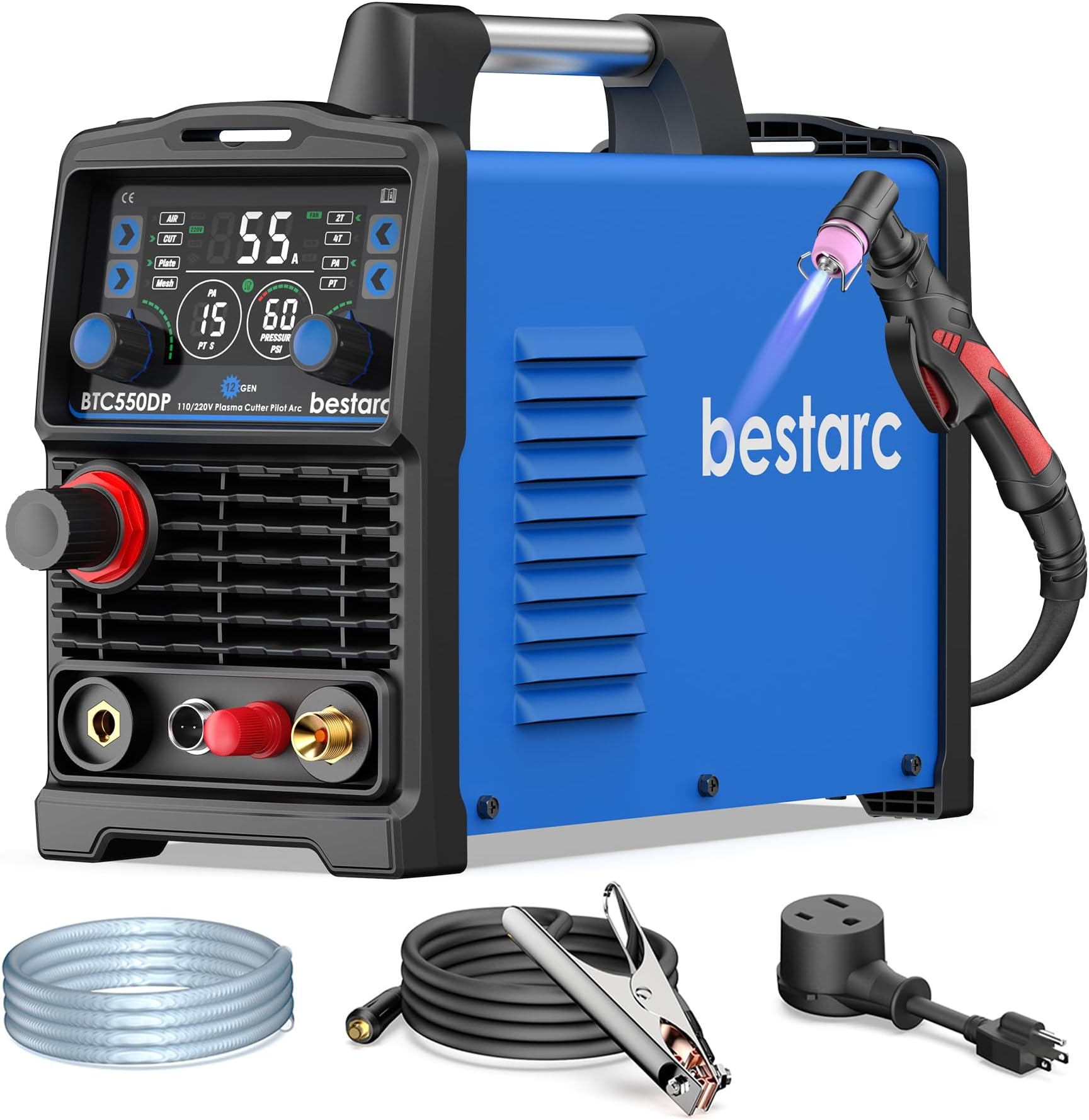 bestarc Plasma Cutter, [Pilot Arc][Large LED Display][Air Sensor] 55A bestarc Plasma Cutter Machine 110/220V Dual Voltage, 1/2 Inch Clean Cut 4/5 Inch Max Cut, Post Flow Mesh, 2T/4T for Beginners DIY